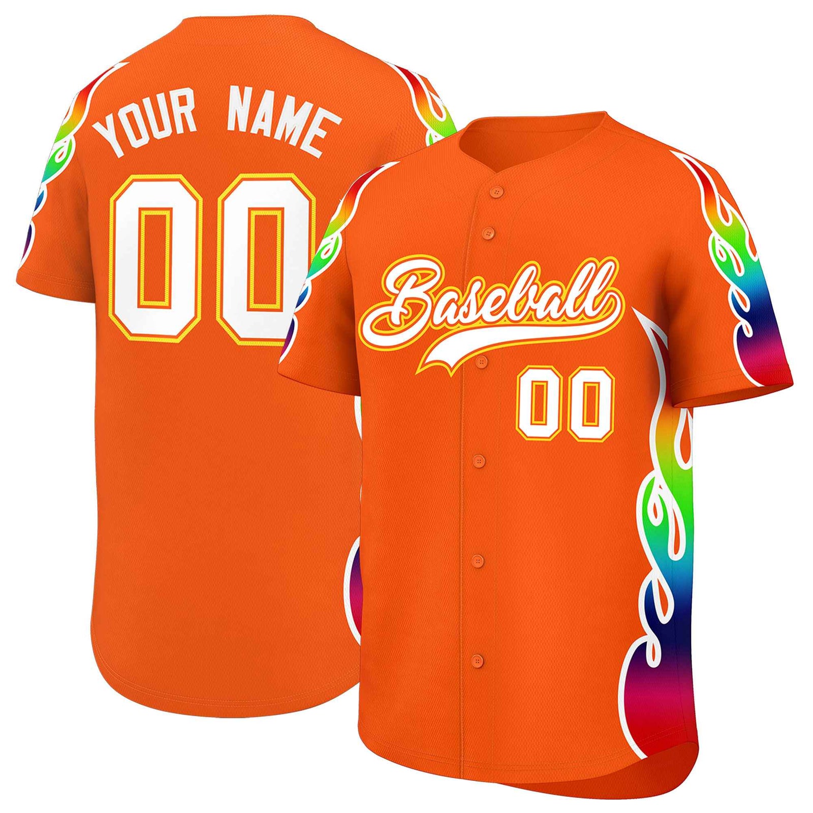 Custom Orange Graffiti Pattern Personalized Multicolored Flames Print Authentic Baseball Jersey