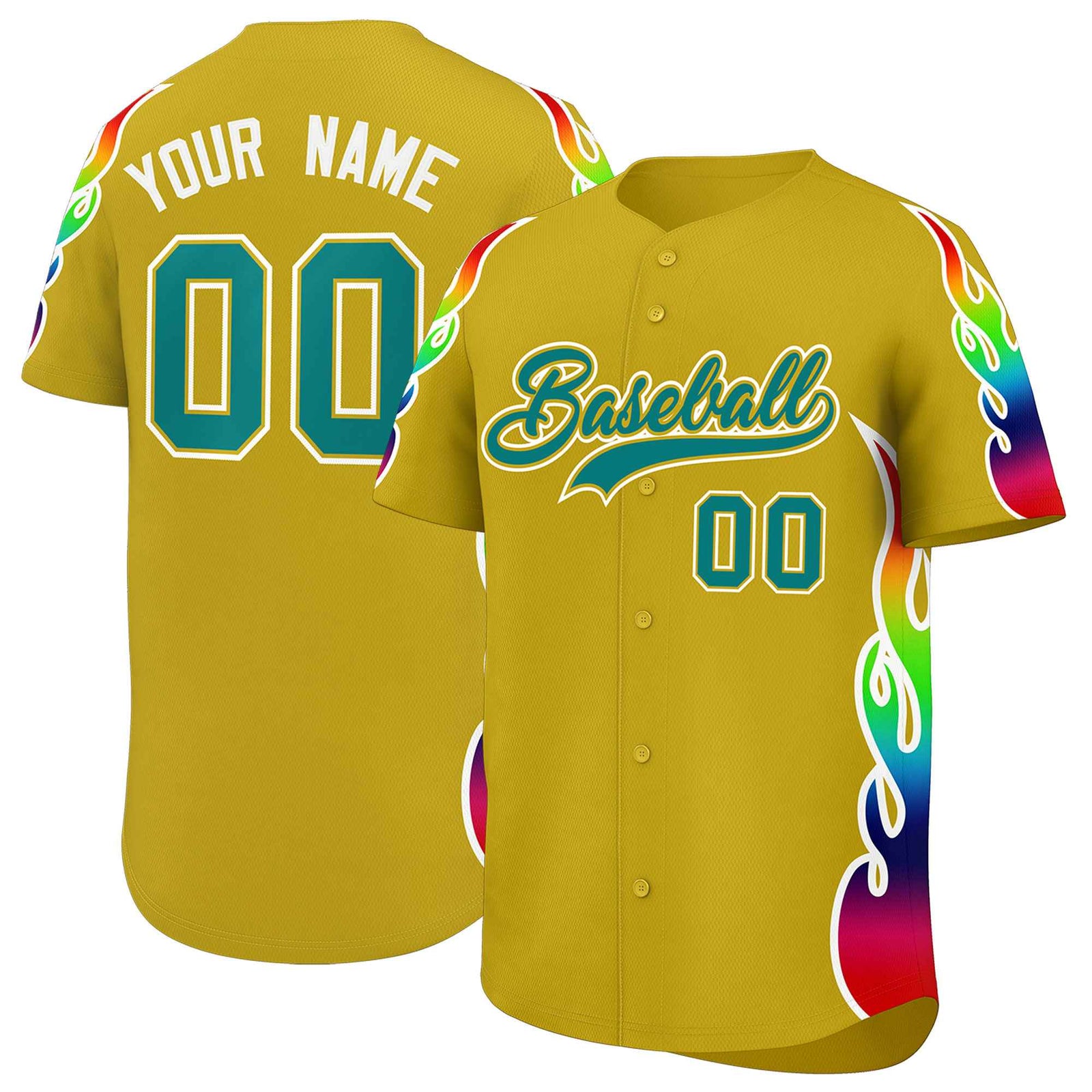 Custom Old Gold Graffiti Pattern Personalized Multicolored Flames Print Authentic Baseball Jersey