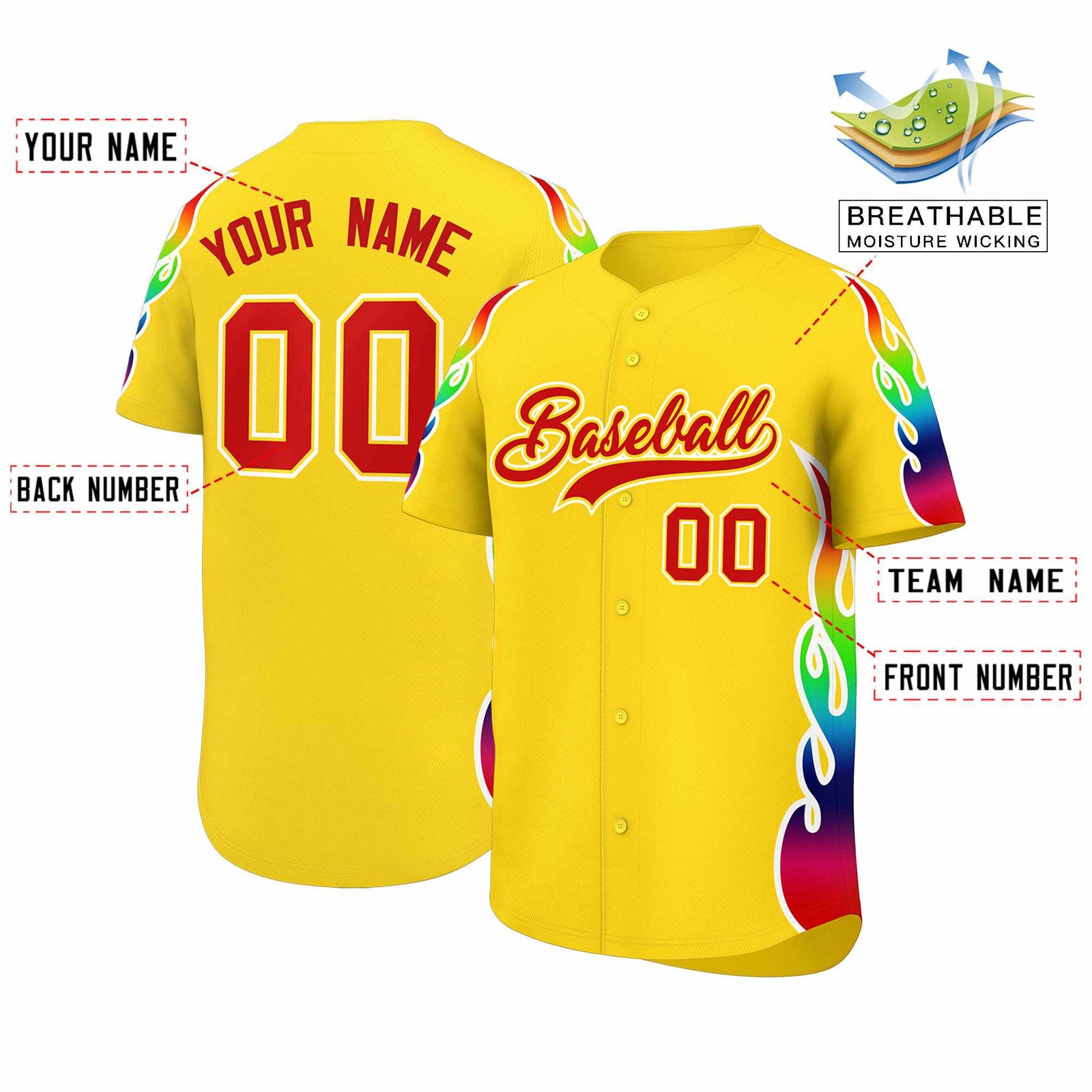 Custom Gold Graffiti Pattern Personalized Multicolored Flames Print Authentic Baseball Jersey