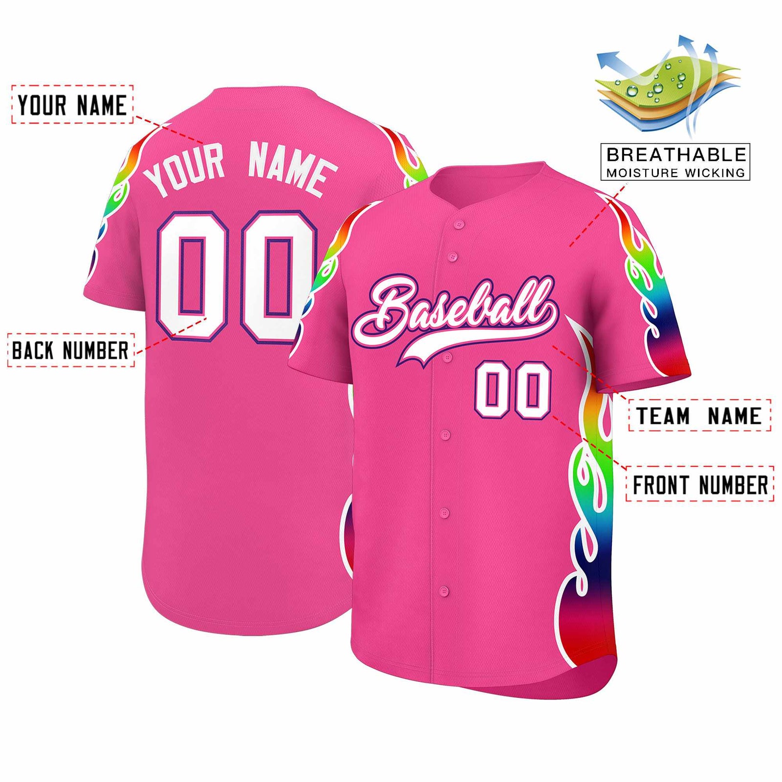 Custom Pink Graffiti Pattern Personalized Multicolored Flames Print Authentic Baseball Jersey