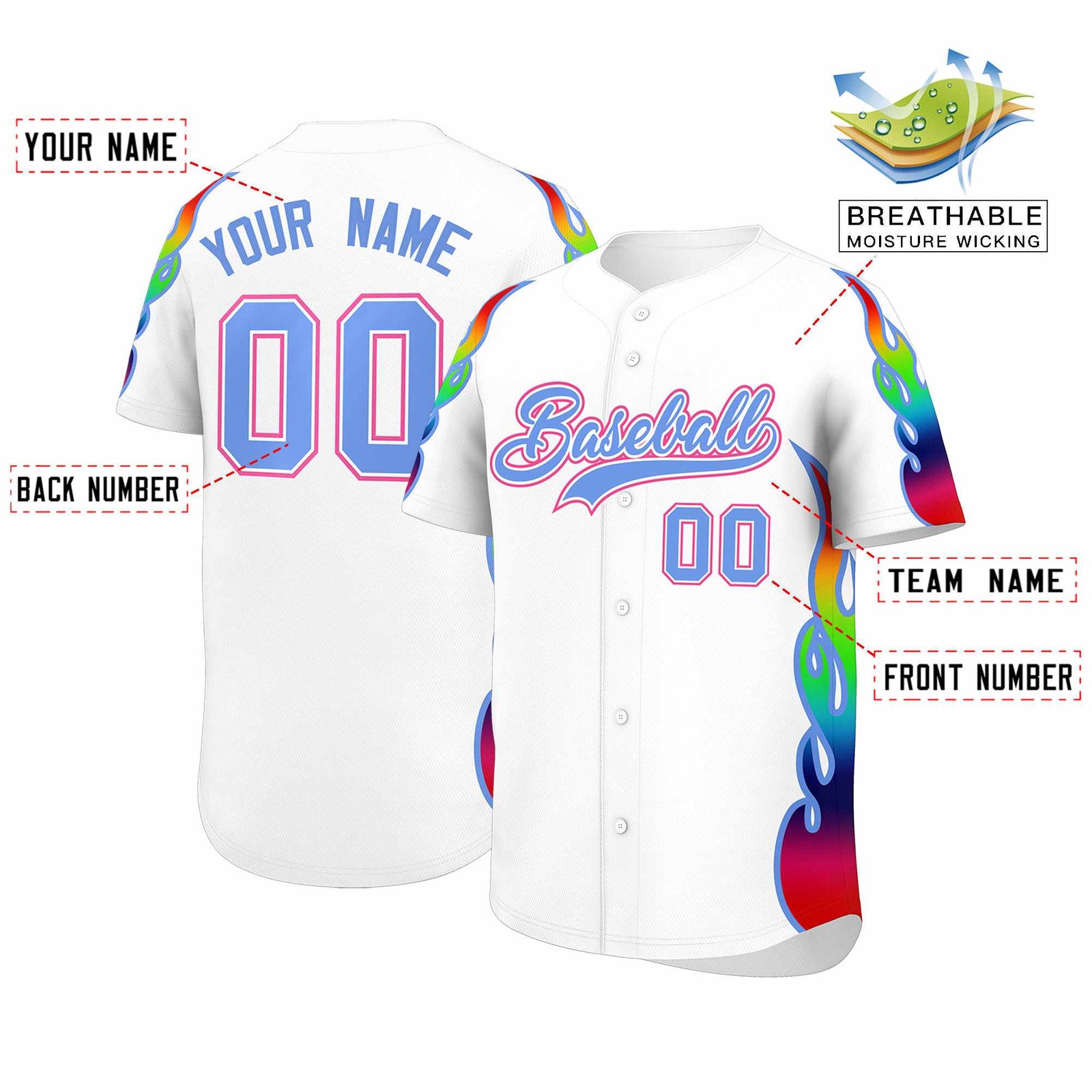 Custom White Graffiti Pattern Personalized Multicolored Flames Print Authentic Baseball Jersey