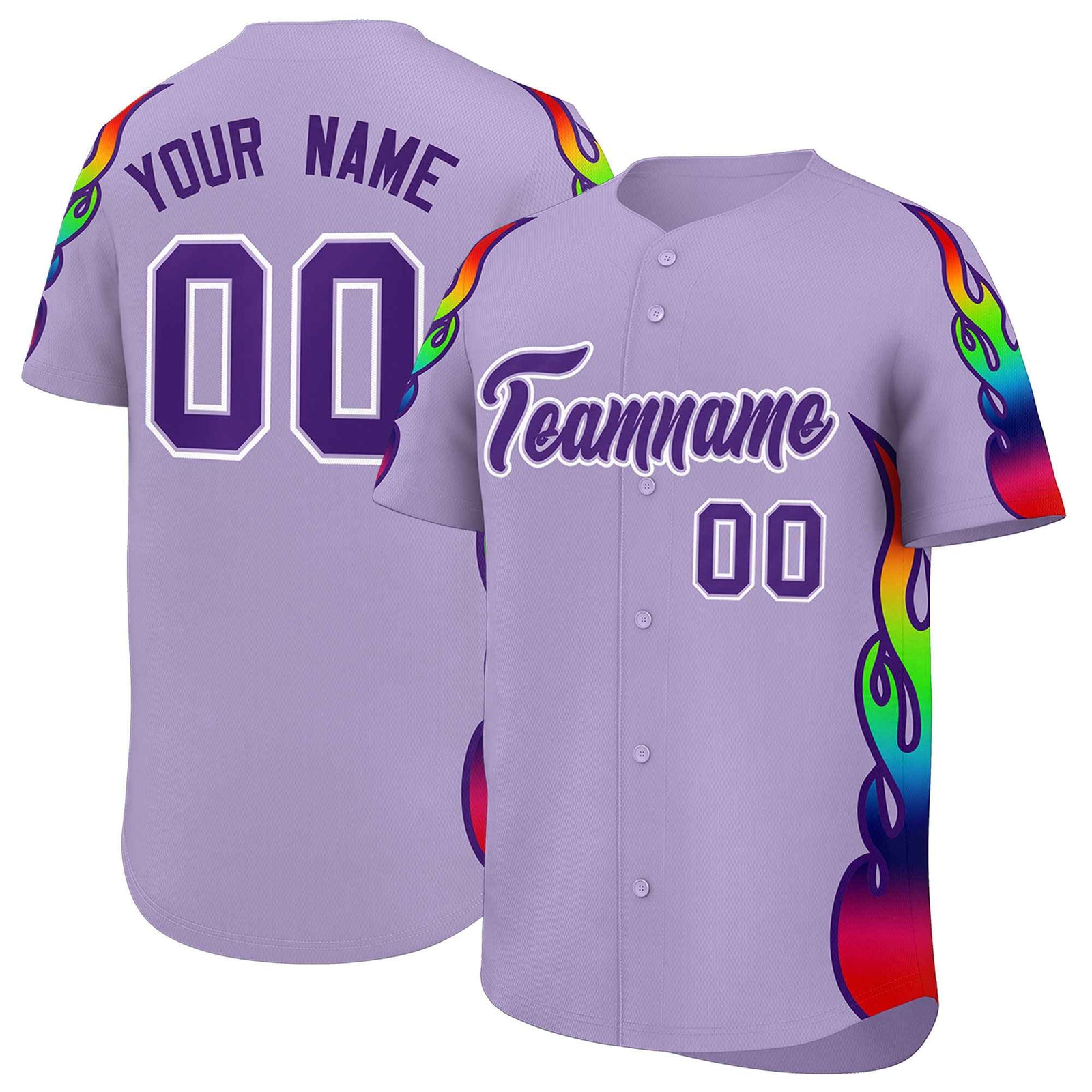 Custom Light Purple Graffiti Pattern Personalized Multicolored Flames Print Authentic Baseball Jersey