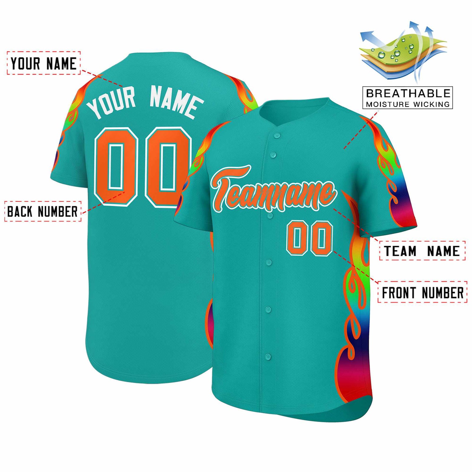 Custom Aqua Graffiti Pattern Personalized Multicolored Flames Print Authentic Baseball Jersey