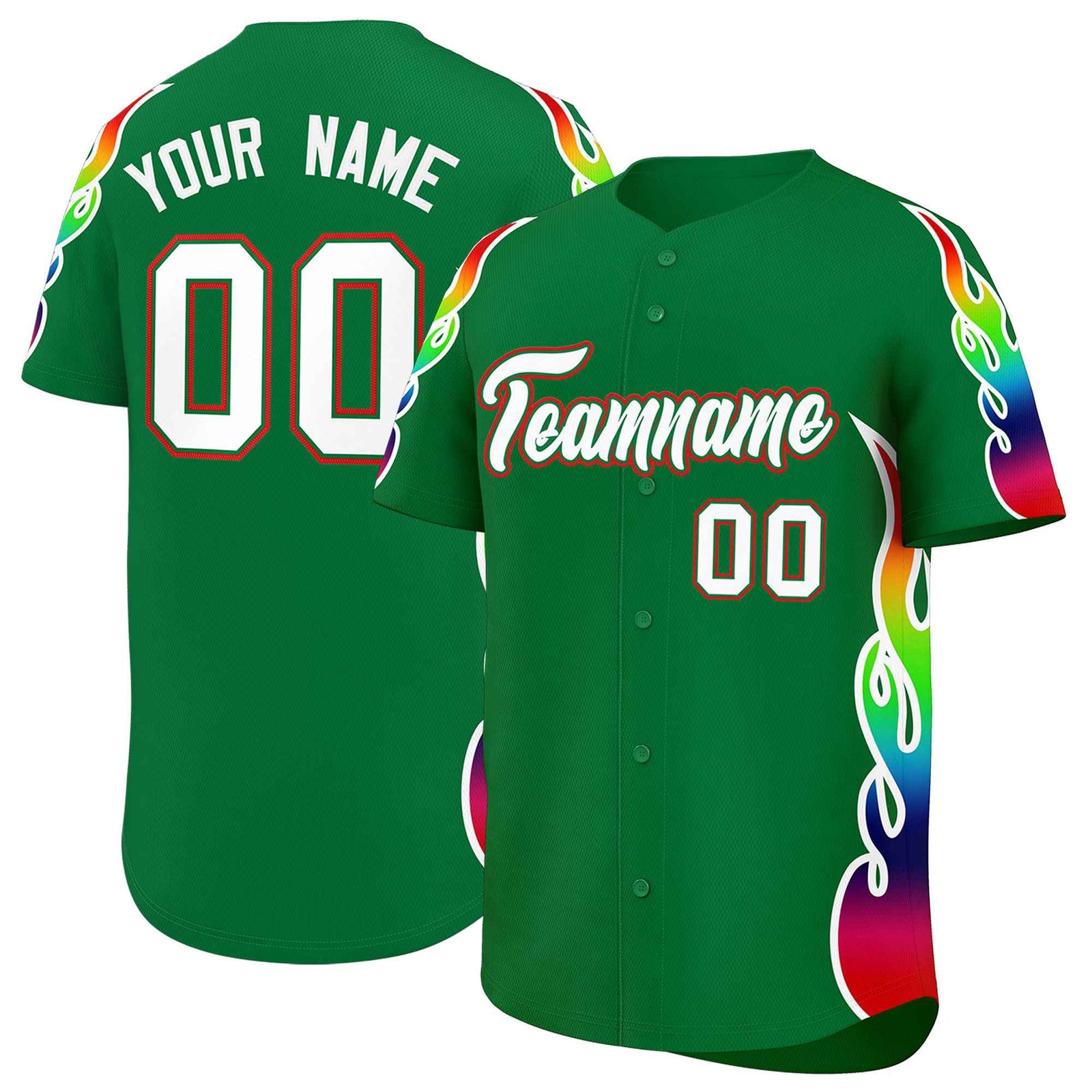 Custom Kelly Green Graffiti Pattern Personalized Multicolored Flames Print Authentic Baseball Jersey