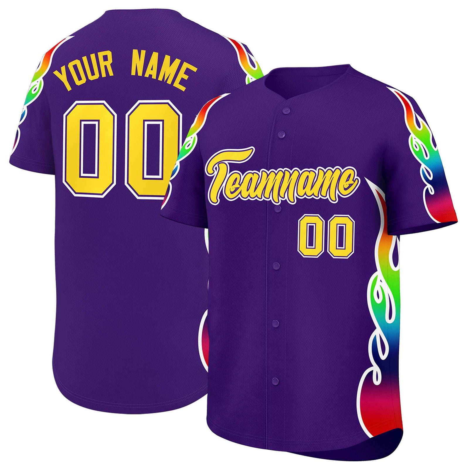 Custom Purple Graffiti Pattern Personalized Multicolored Flames Print Authentic Baseball Jersey