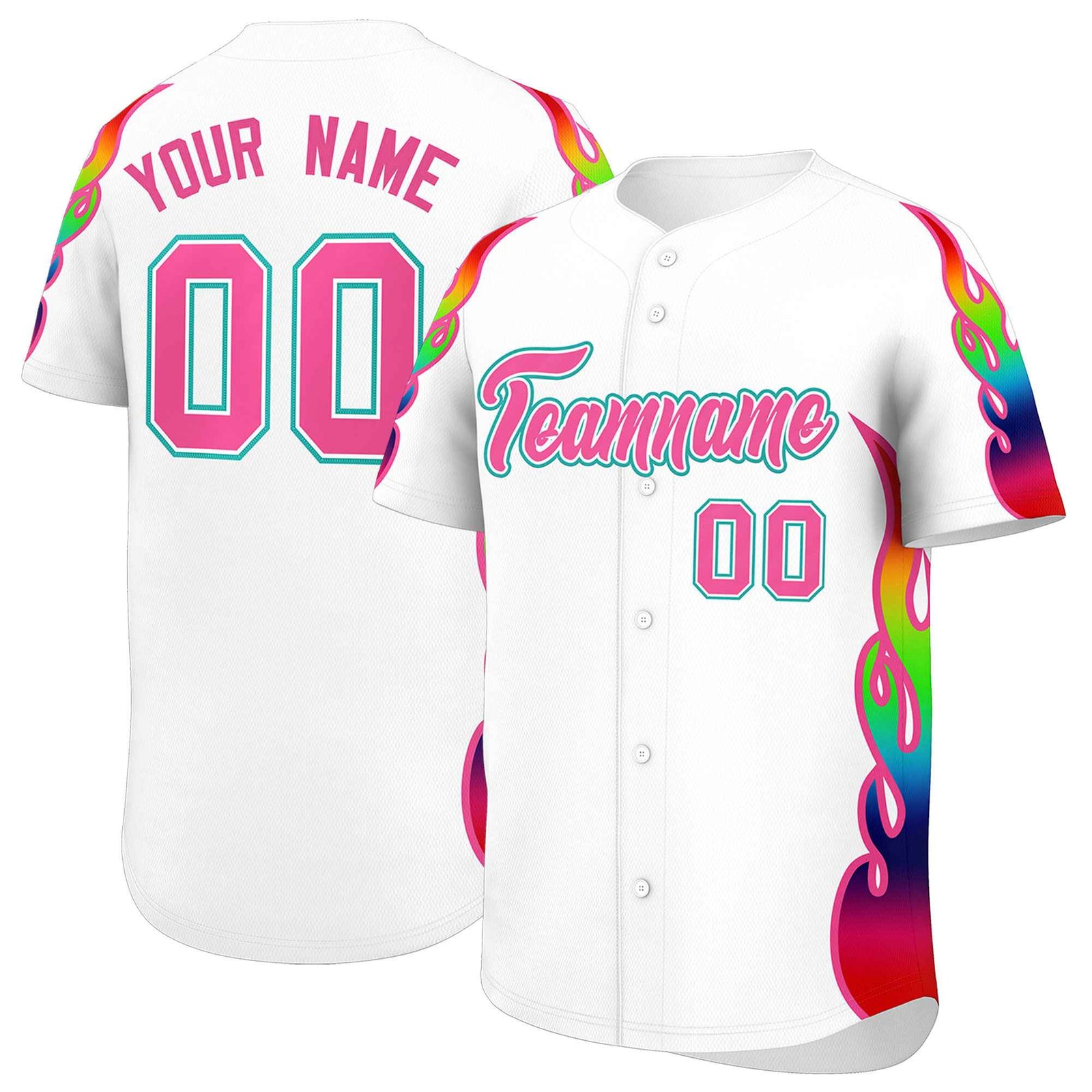 Custom White Graffiti Pattern Personalized Multicolored Flames Print Authentic Baseball Jersey