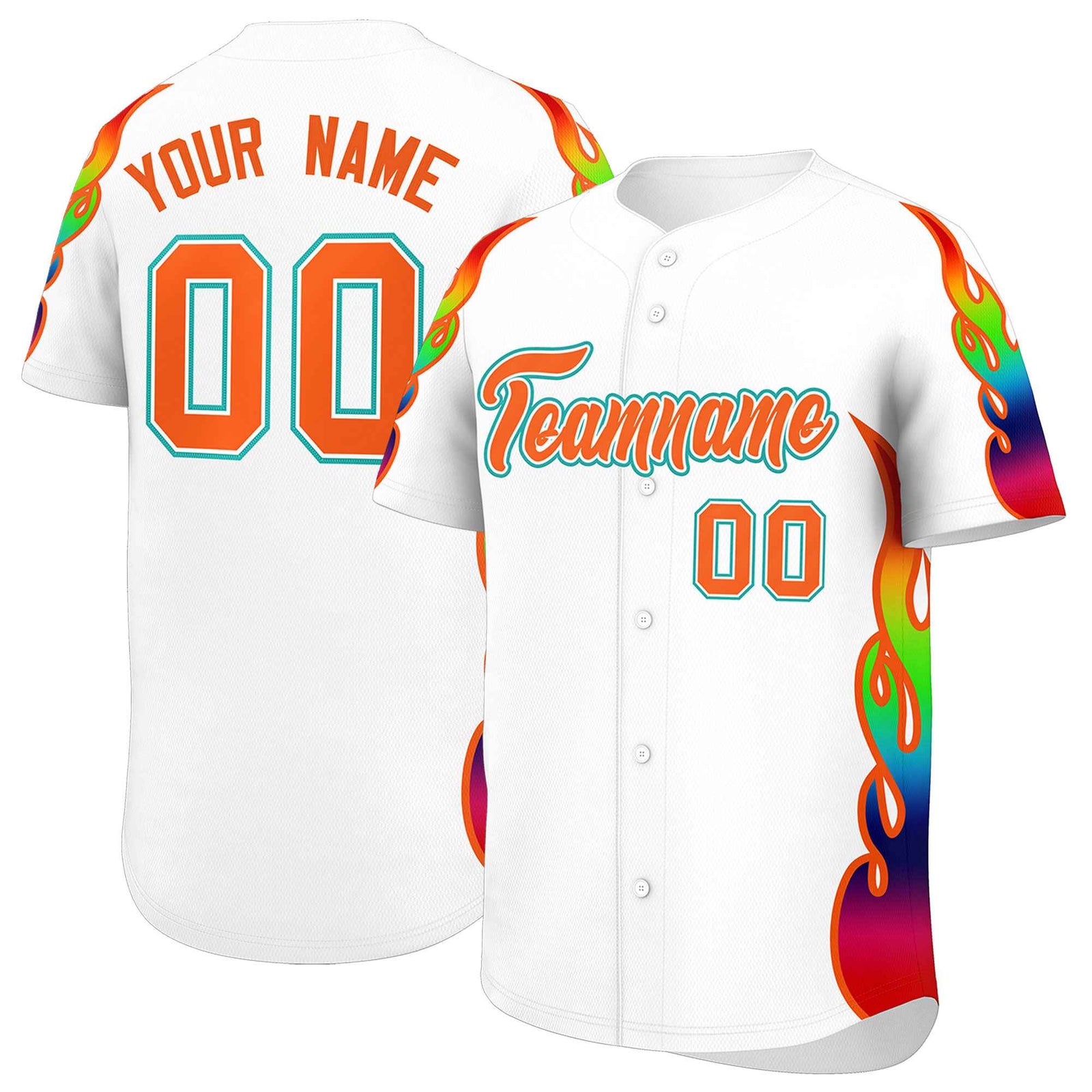 Custom White Graffiti Pattern Personalized Multicolored Flames Print Authentic Baseball Jersey