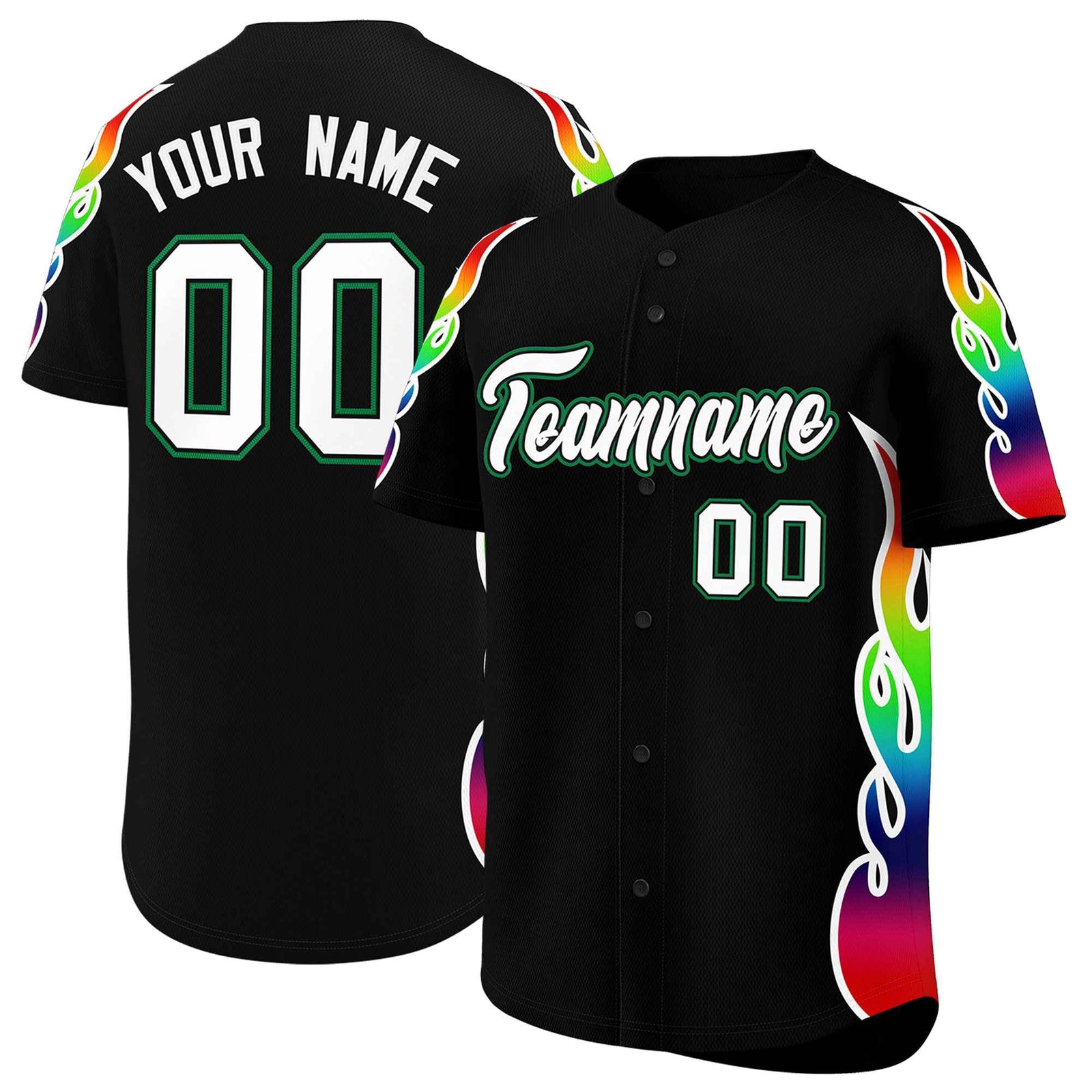Custom Black Graffiti Pattern Personalized Multicolored Flames Print Authentic Baseball Jersey