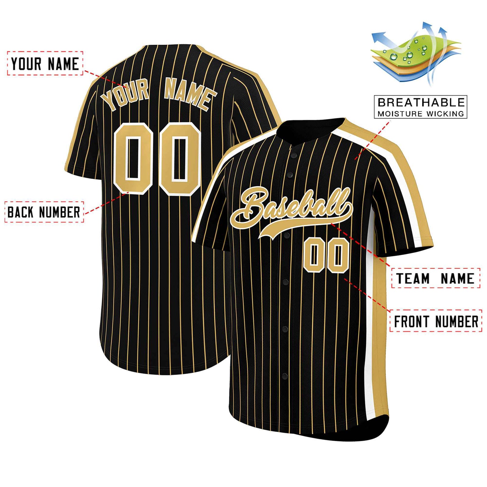 Custom Black Khaki Pinstripe Personalized Side Two-tone Authentic Baseball Jersey