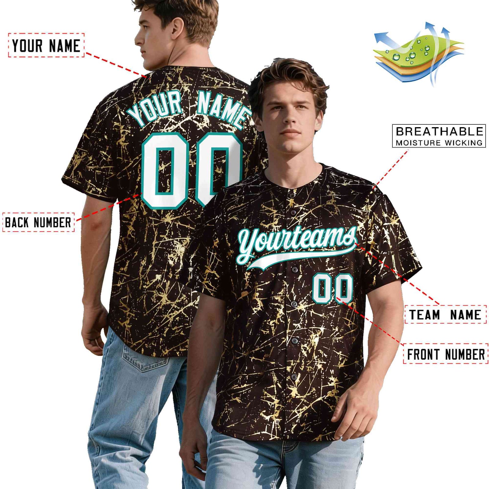 Custom Brown White Black&Shiny Gold Cracked Foil Breathable Mesh Streetwear Baseball Jersey