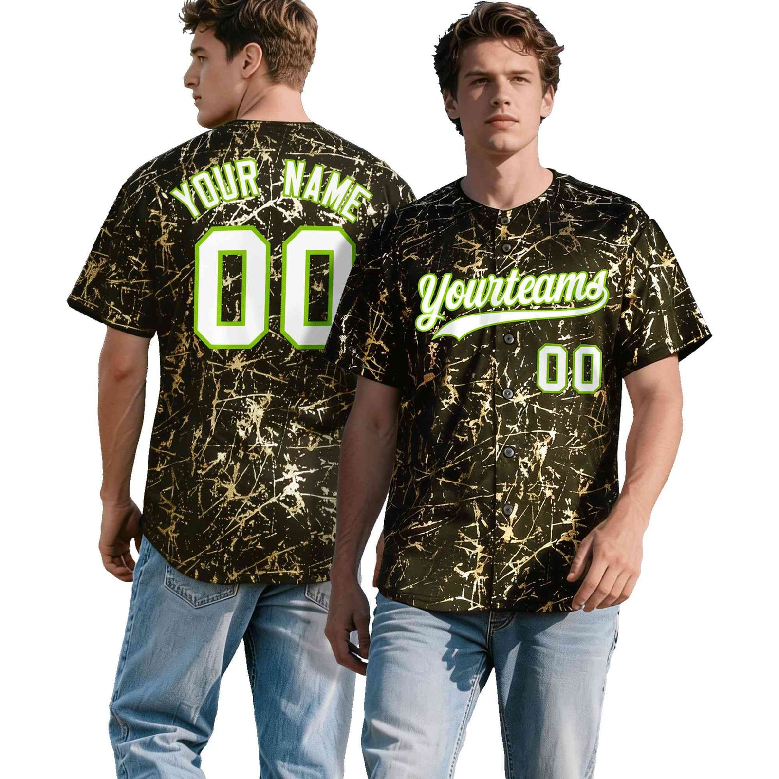 Custom Olive White Black&Shiny Gold Cracked Foil Breathable Mesh Streetwear Baseball Jersey