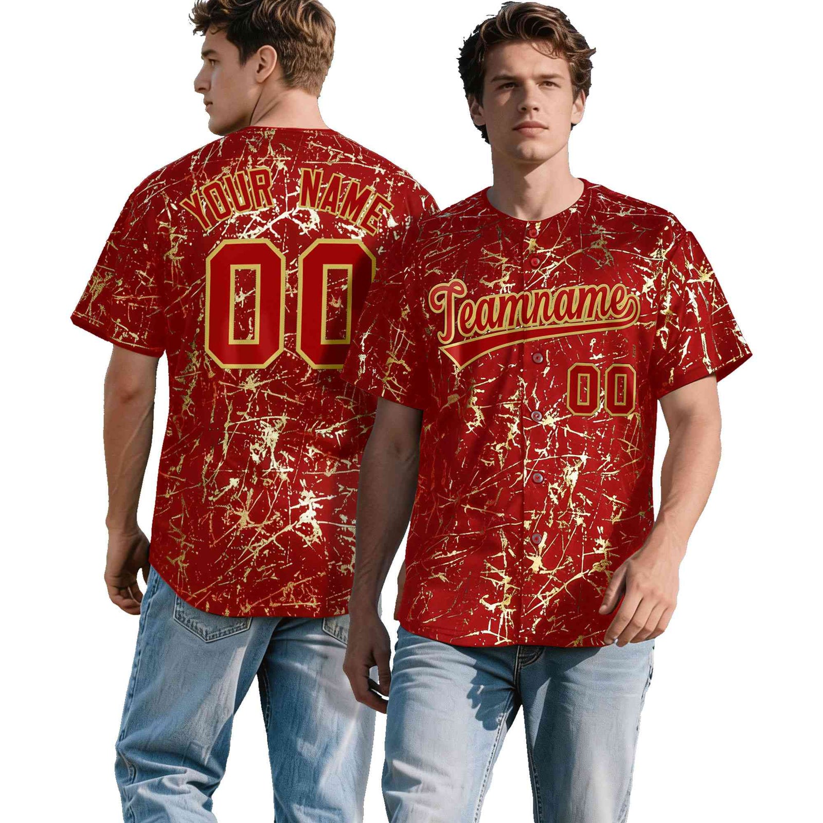 Custom Red Old Gold Metallic Gold Splatter Breathable&Wrinkle-Resistant Baseball Jersey| KXKSHOP