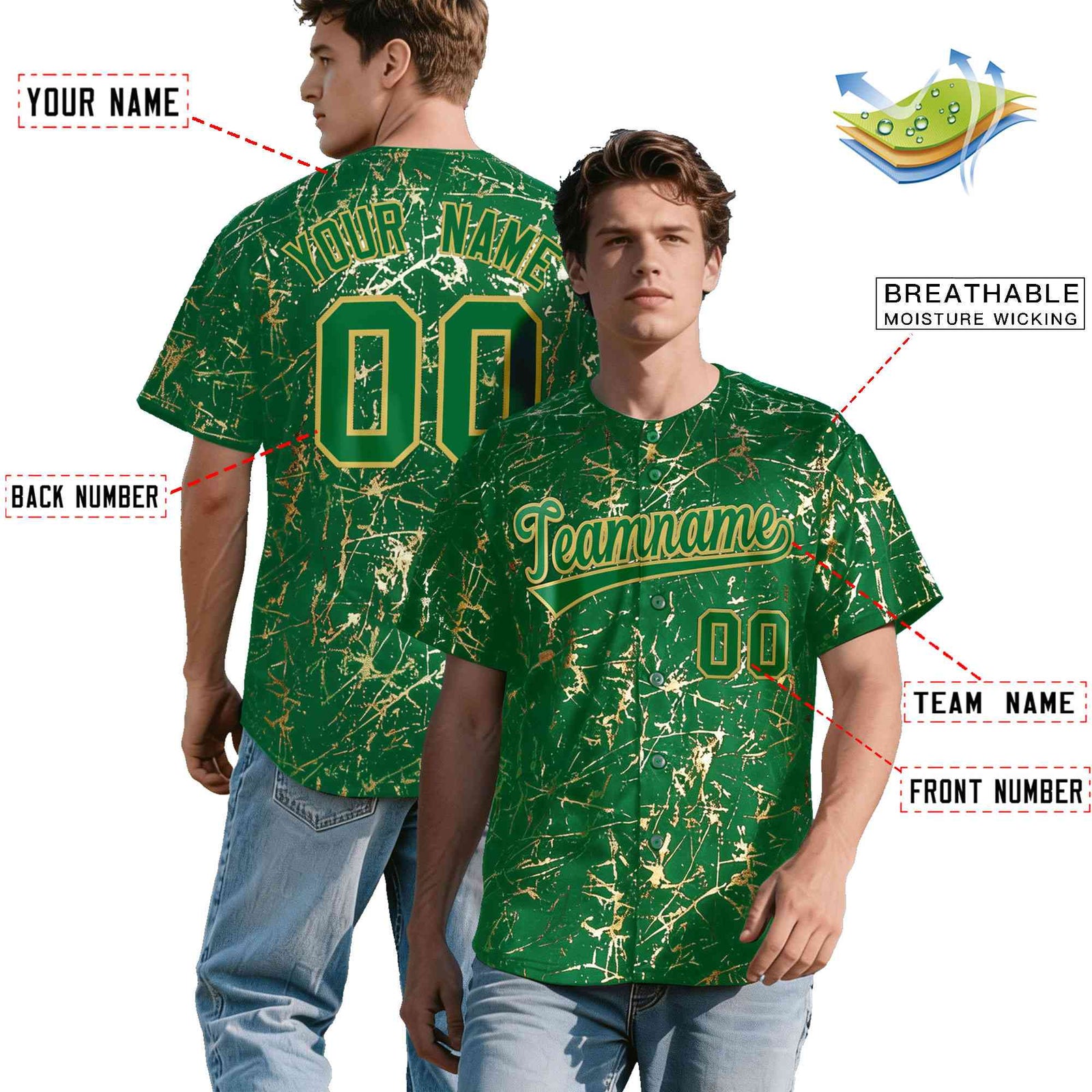 Custom Kelly Green Old Gold Shiny Gold Cracked Texture Baseball Jersey| KXKSHOP