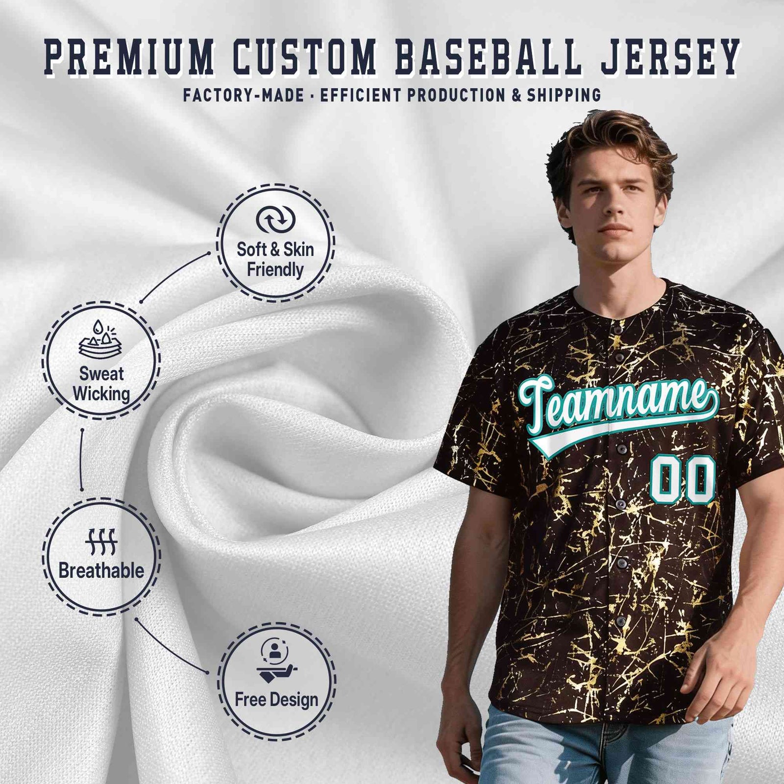 Custom Brown White Black&Shiny Gold Cracked Foil Breathable Mesh Streetwear Baseball Jersey| KXKSHOP