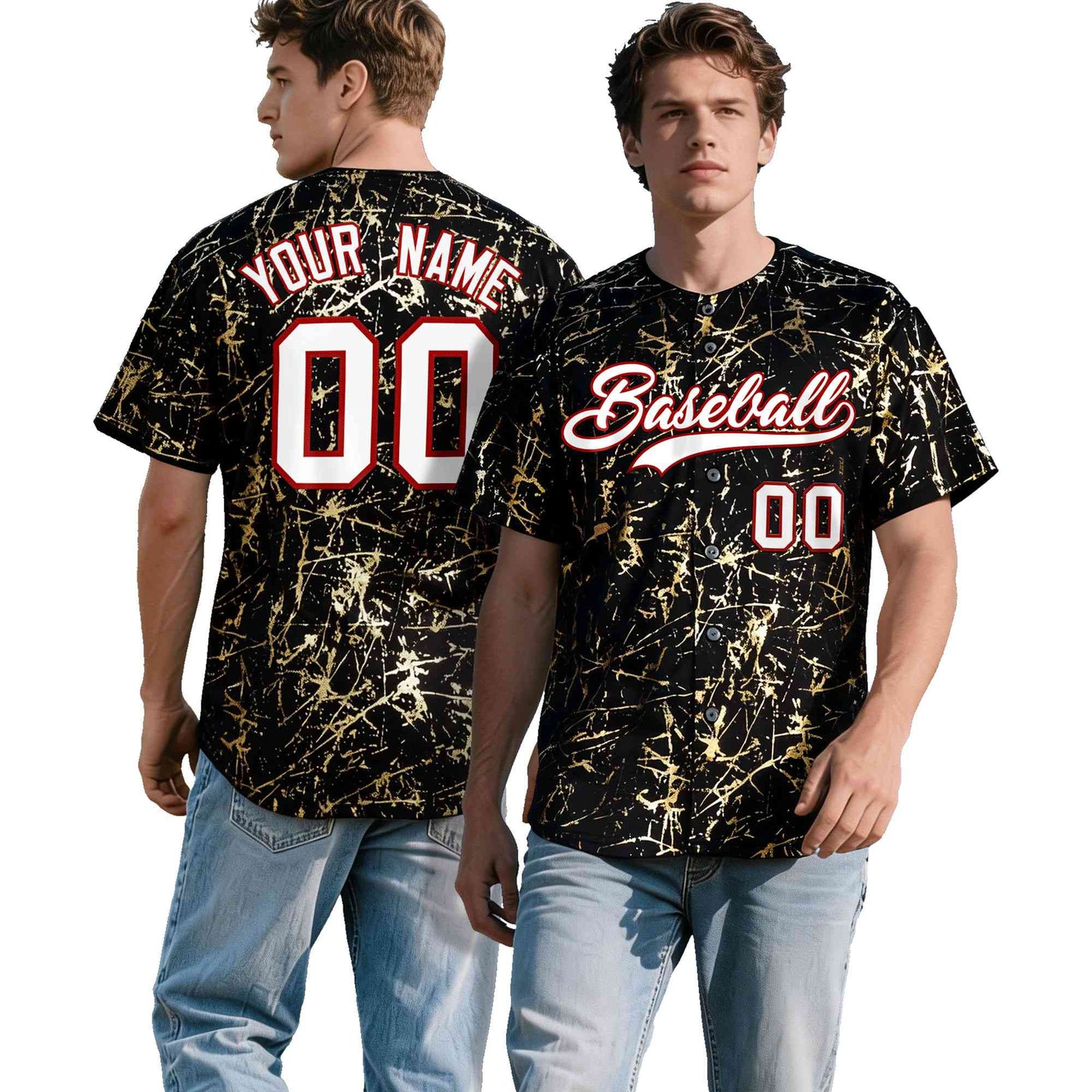 Custom Black White Black&Gold Marble Print Clubwear Party Streetwear Baseball Jersey
