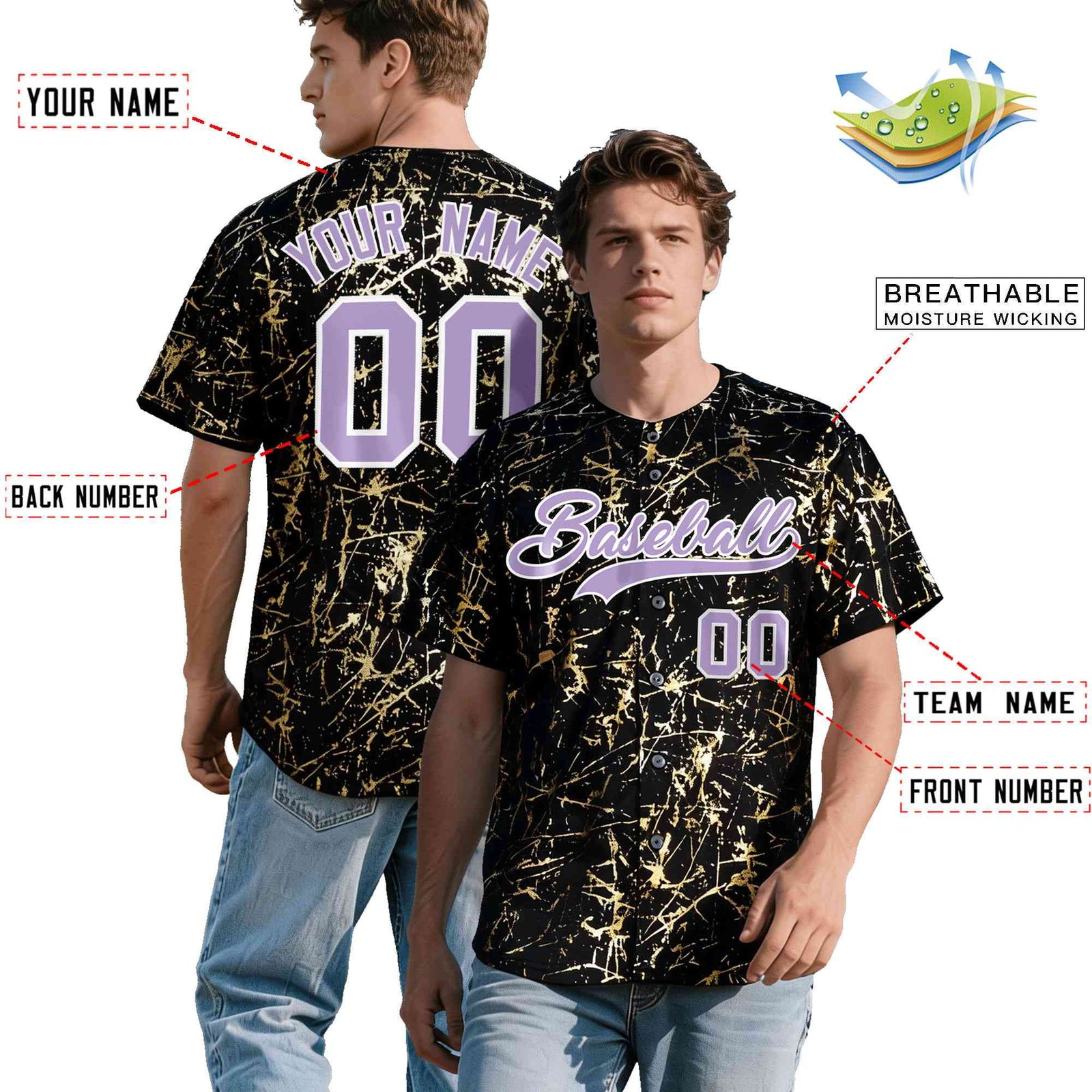 Custom Black Light Purple Metallic Gold Splatter Breathable&Wrinkle-Resistant Baseball Jersey