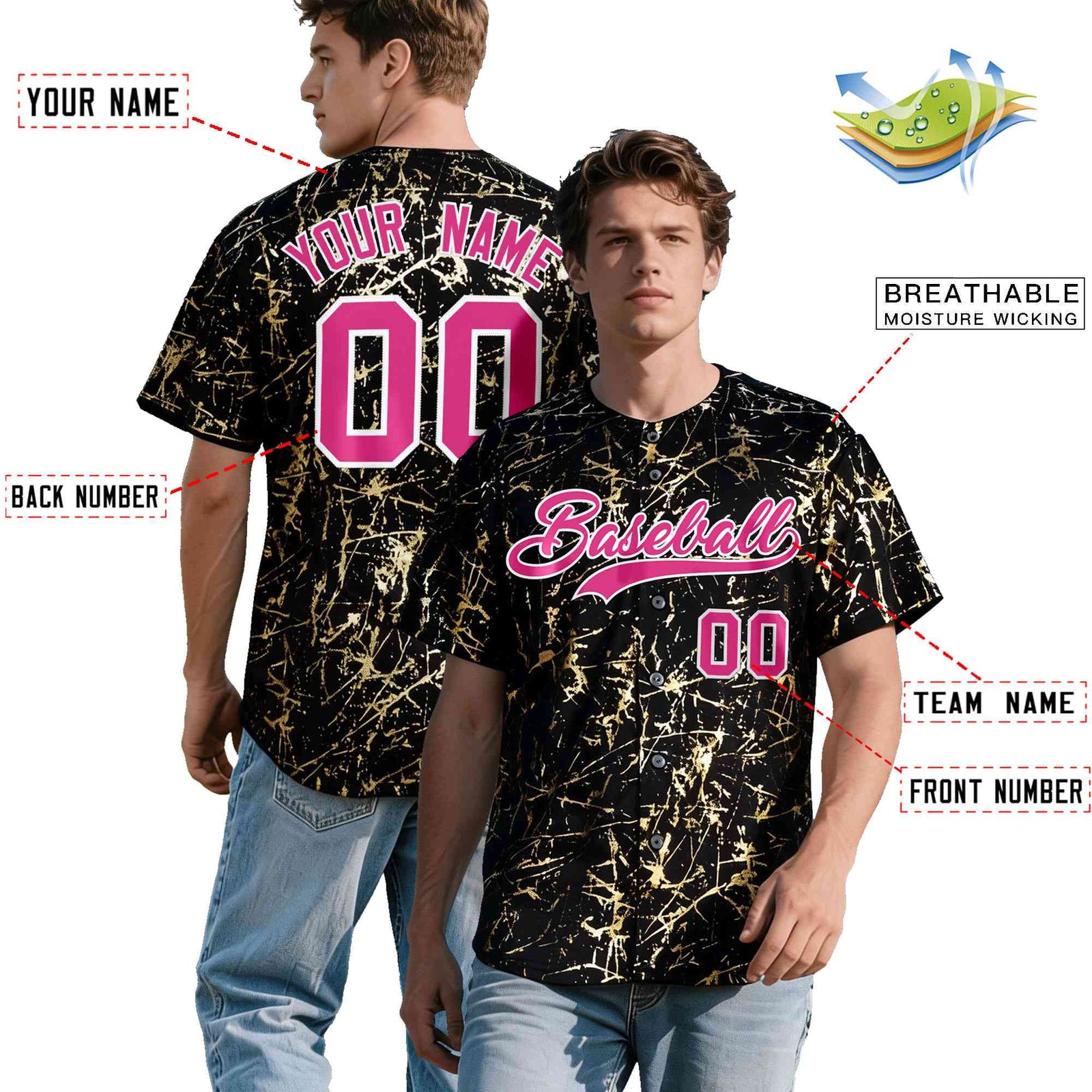 Custom Black Rose Red Shiny Gold Cracked Texture Baseball Jersey