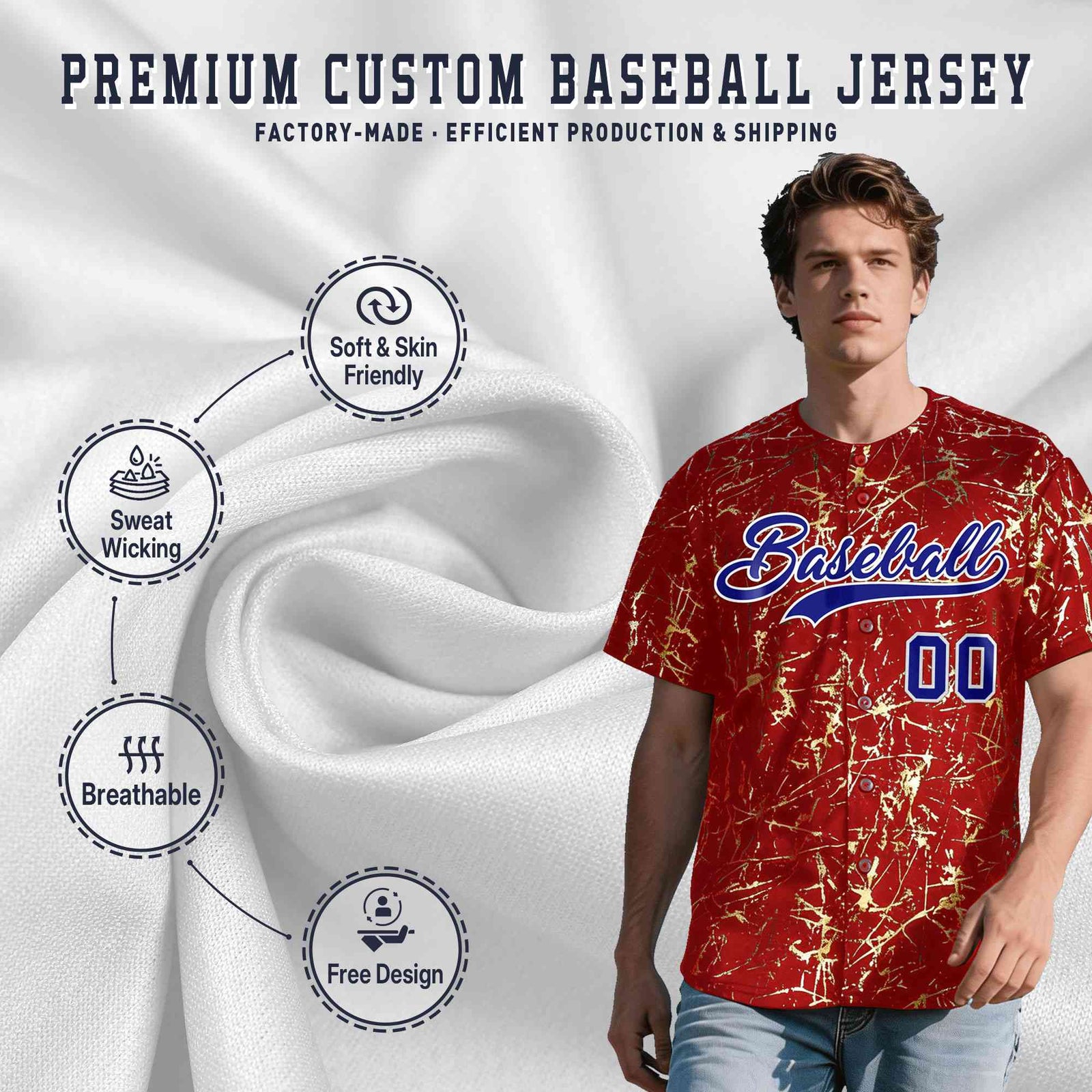Custom Red Royal Shiny Gold Cracked Texture Baseball Jersey