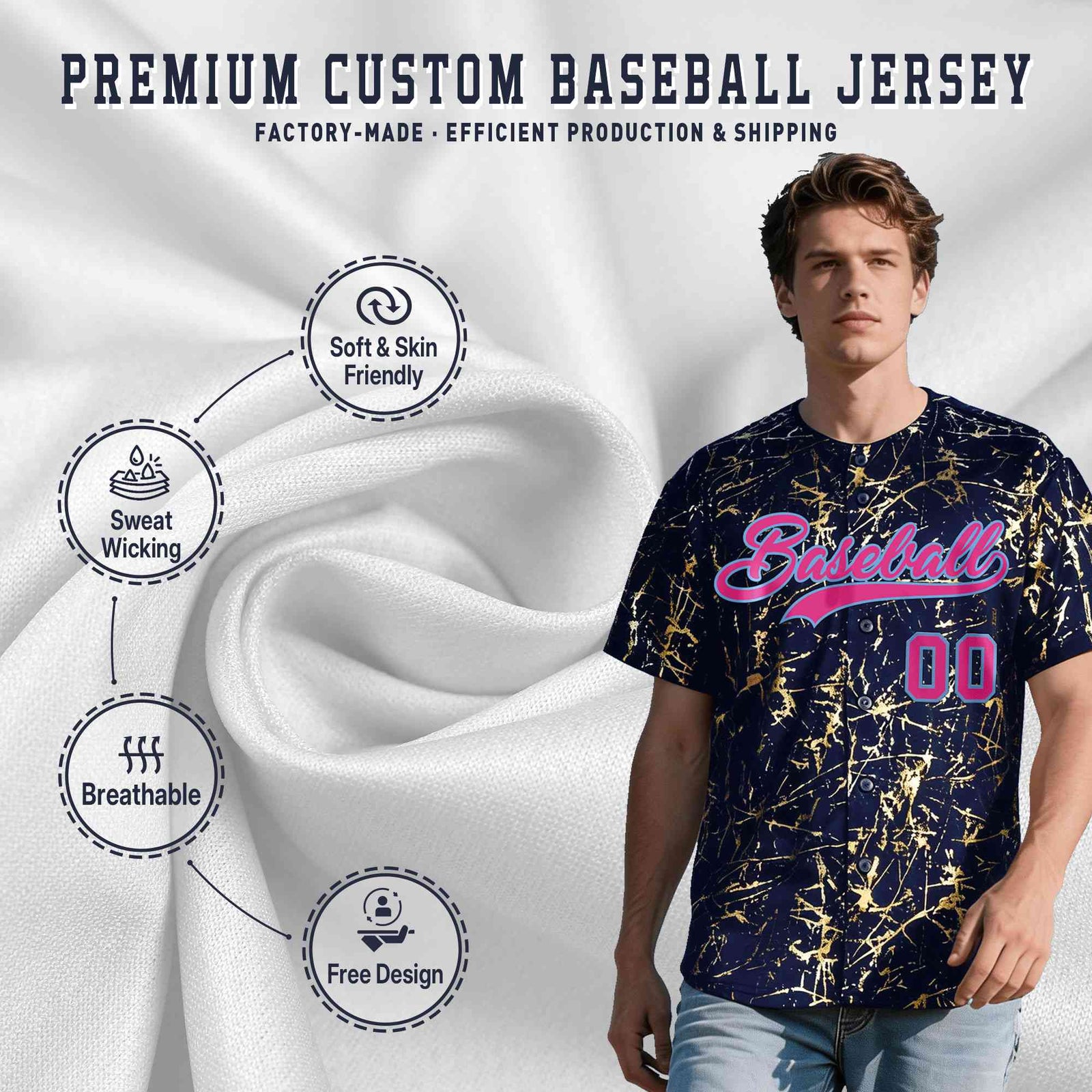 Custom Navy Rose Red Metallic Gold Splatter Breathable&Wrinkle-Resistant Baseball Jersey