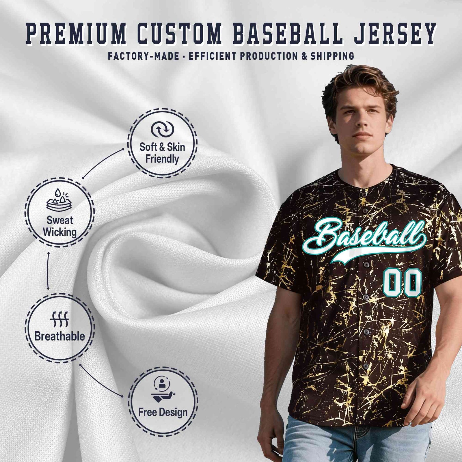 Custom Brown White Black&Shiny Gold Cracked Foil Breathable Mesh Streetwear Baseball Jersey