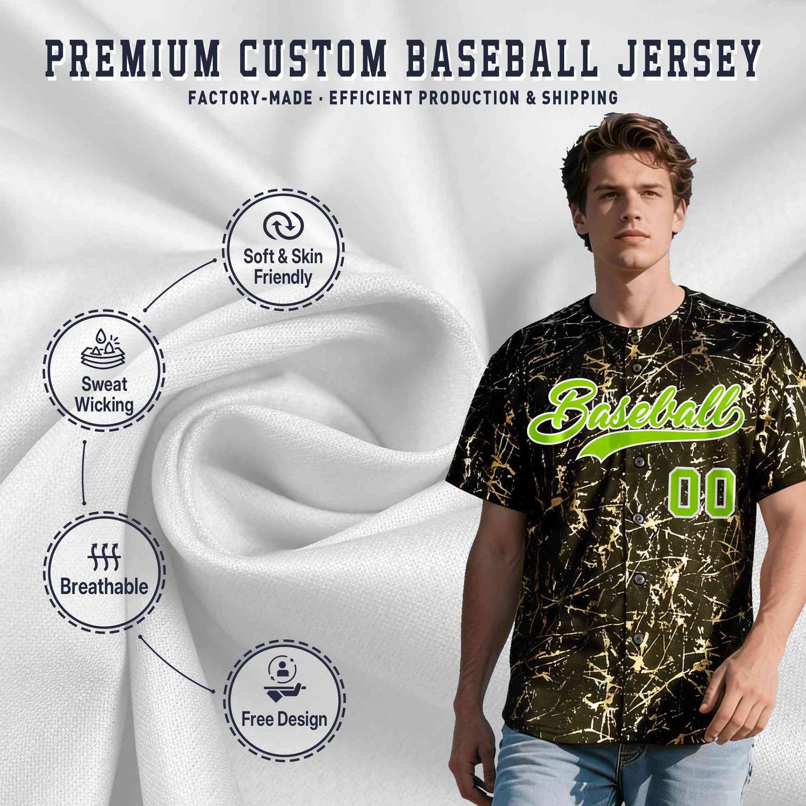 Custom Olive Neon Green Metallic Gold Splatter Urban Streetwear Baseball Jersey