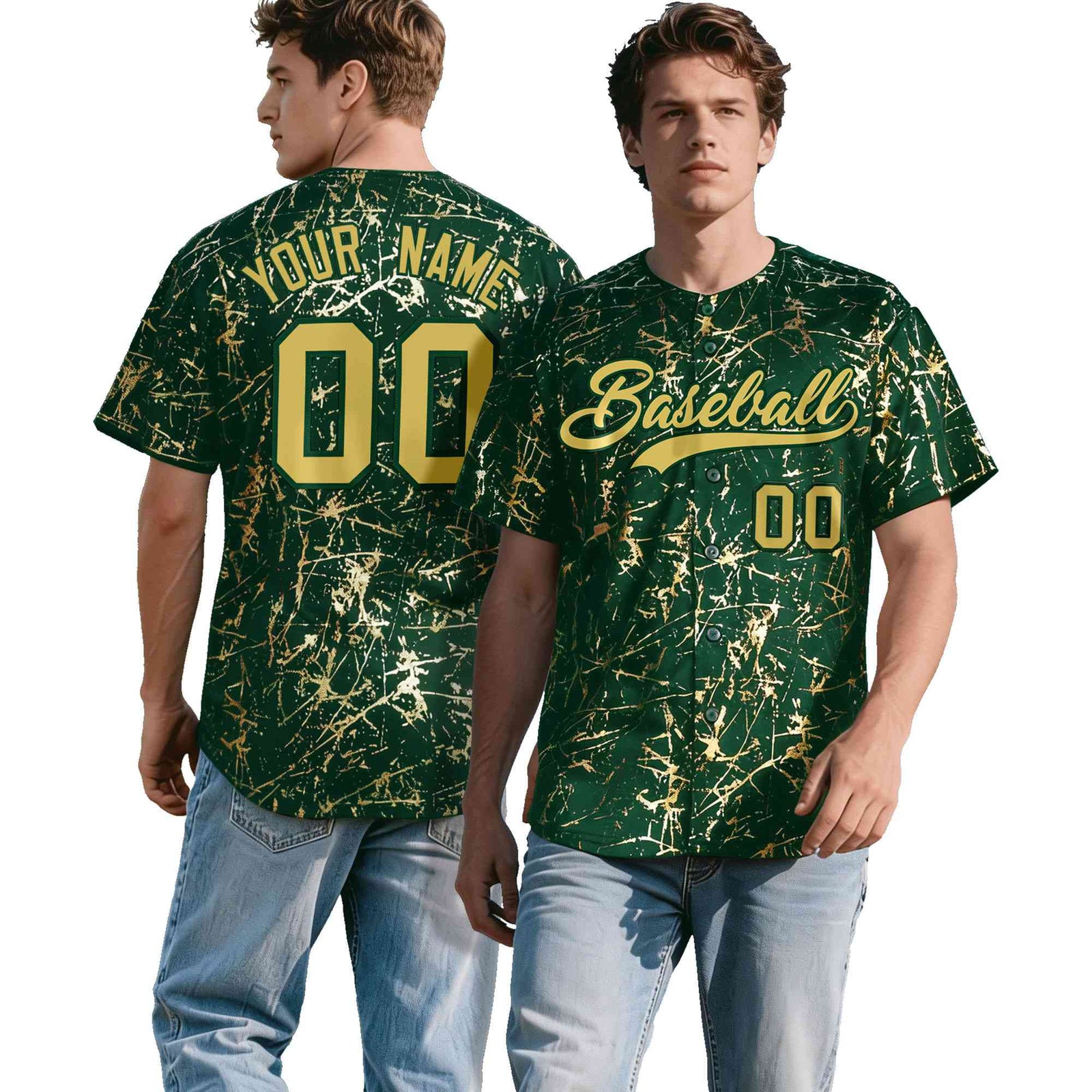 Custom Green Old Gold Black&Shiny Gold Cracked Foil Hip Hop Button Down Baseball Jersey