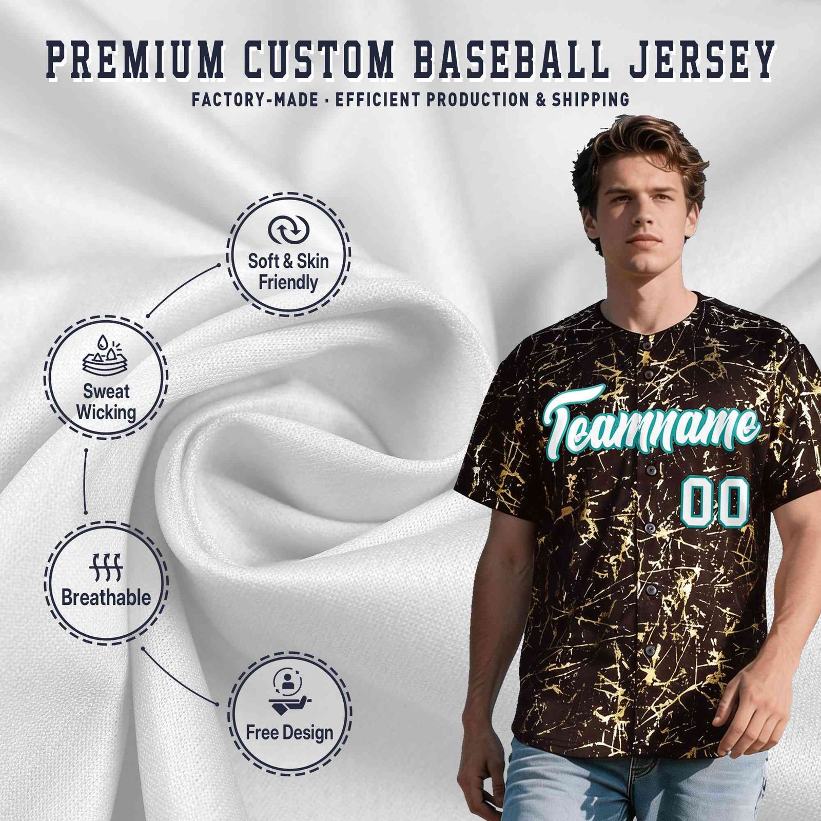 Custom Brown White Black&Shiny Gold Cracked Foil Breathable Mesh Streetwear Baseball Jersey