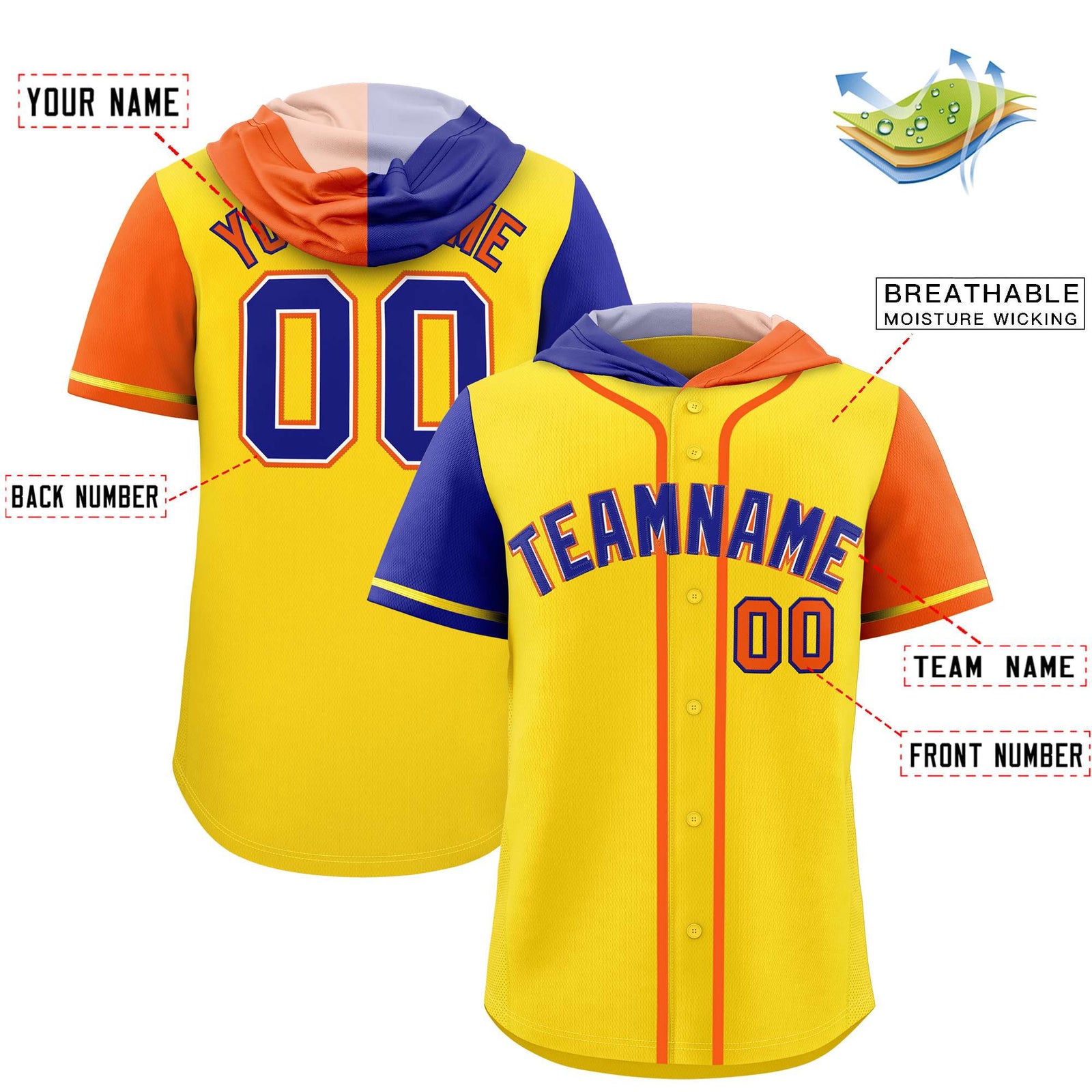 Custom Gold Royal and Orange Split Fashion Raglan Sleeves Authentic Baseball Hoodie Jersey