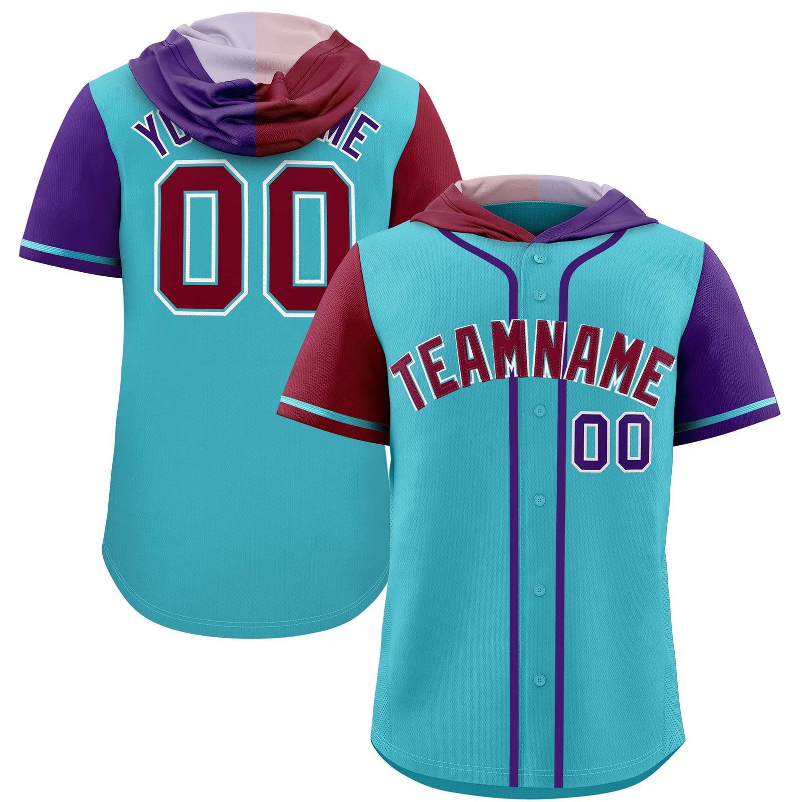 Custom Sky Blue Crimson and Purple Split Fashion Raglan Sleeves Authentic Baseball Hoodie Jersey