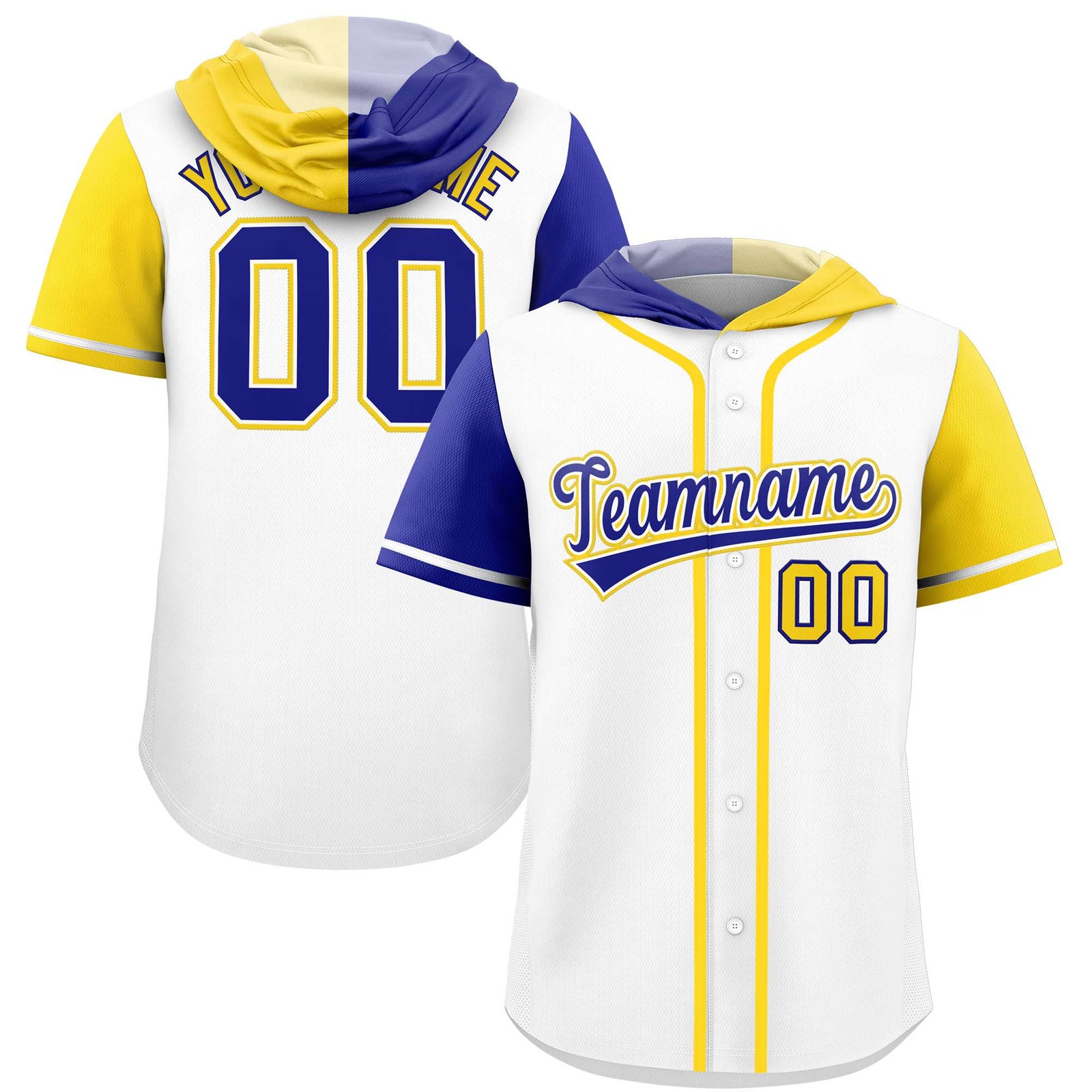Custom White Royal and Gold Split Fashion Raglan Sleeves Authentic Baseball Hoodie Jersey