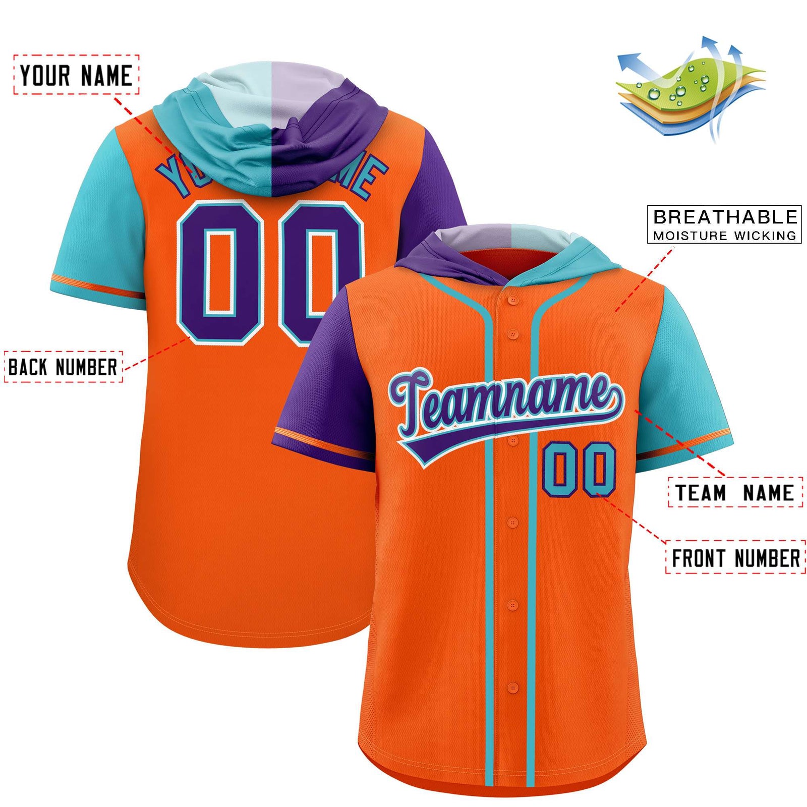 Custom Orange Purple and Sky Blue Split Fashion Raglan Sleeves Authentic Baseball Hoodie Jersey