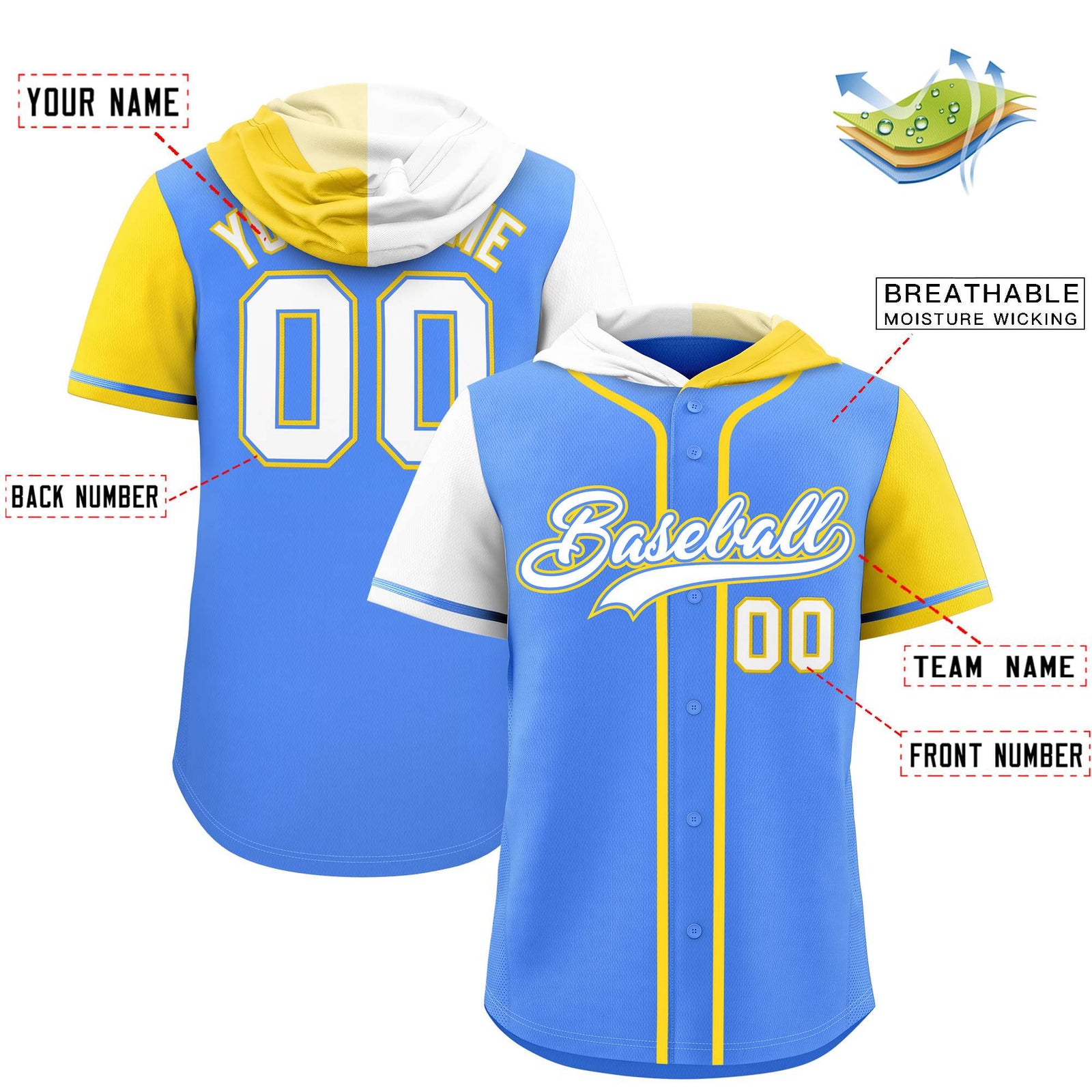 Custom Powder Blue White and Gold Split Fashion Raglan Sleeves Authentic Baseball Hoodie Jersey
