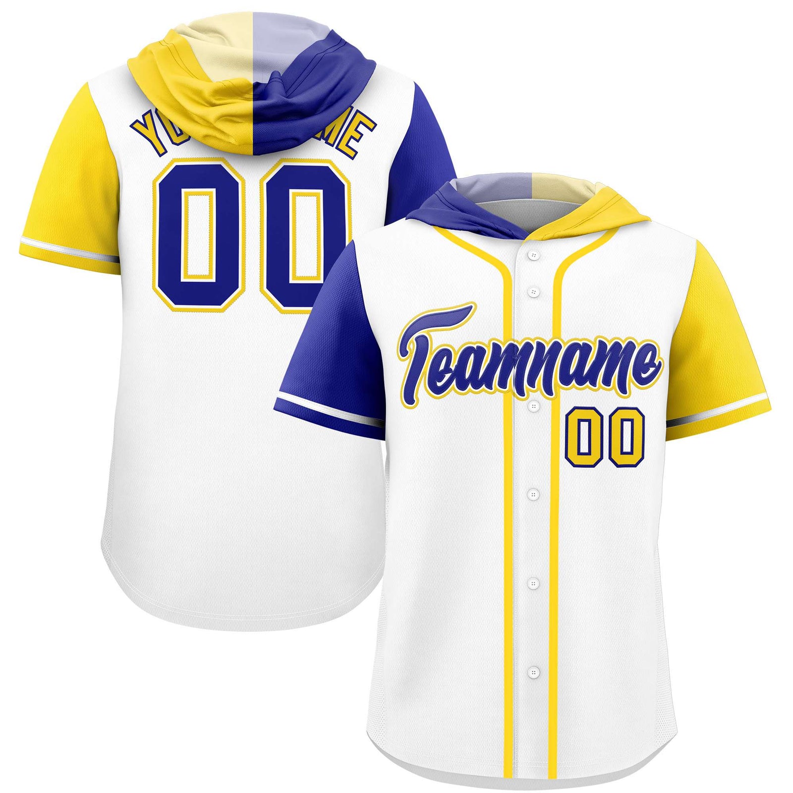 Custom White Royal and Gold Split Fashion Raglan Sleeves Authentic Baseball Hoodie Jersey