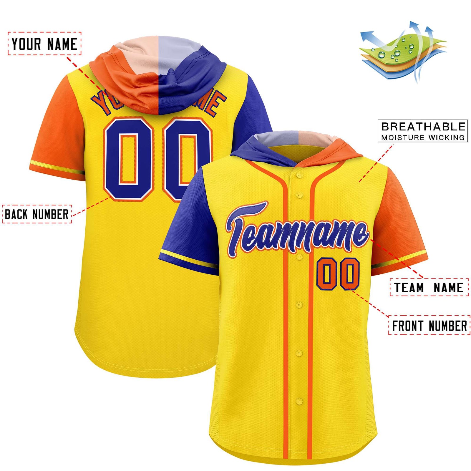 Custom Gold Royal and Orange Split Fashion Raglan Sleeves Authentic Baseball Hoodie Jersey