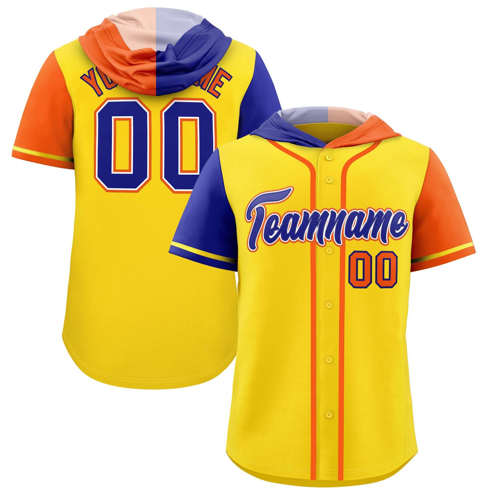 Custom Gold Royal and Orange Split Fashion Raglan Sleeves Authentic Baseball Hoodie Jersey