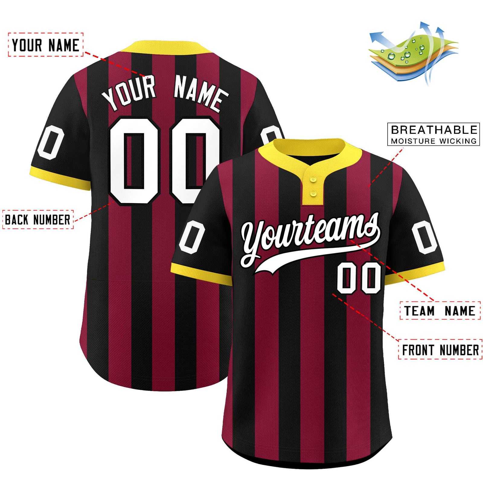 Custom Black Crimson Stripe Fashion Authentic Two-Button Baseball Jersey
