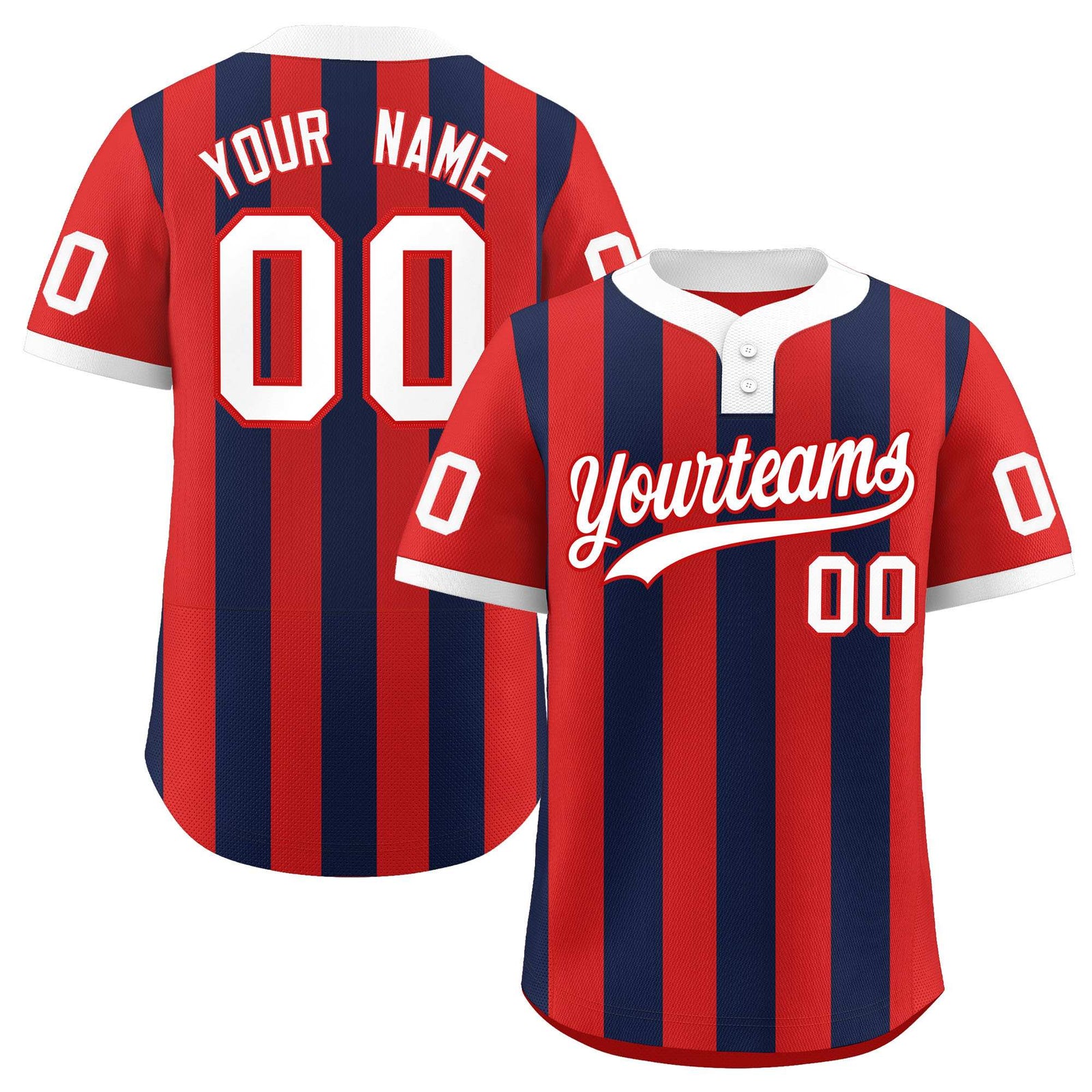Custom Red Navy Stripe Fashion Authentic Two-Button Baseball Jersey