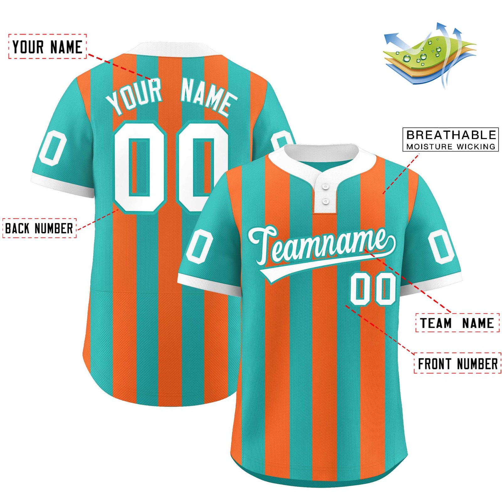 Custom Aqua Orange Stripe Fashion Authentic Two-Button Baseball Jersey