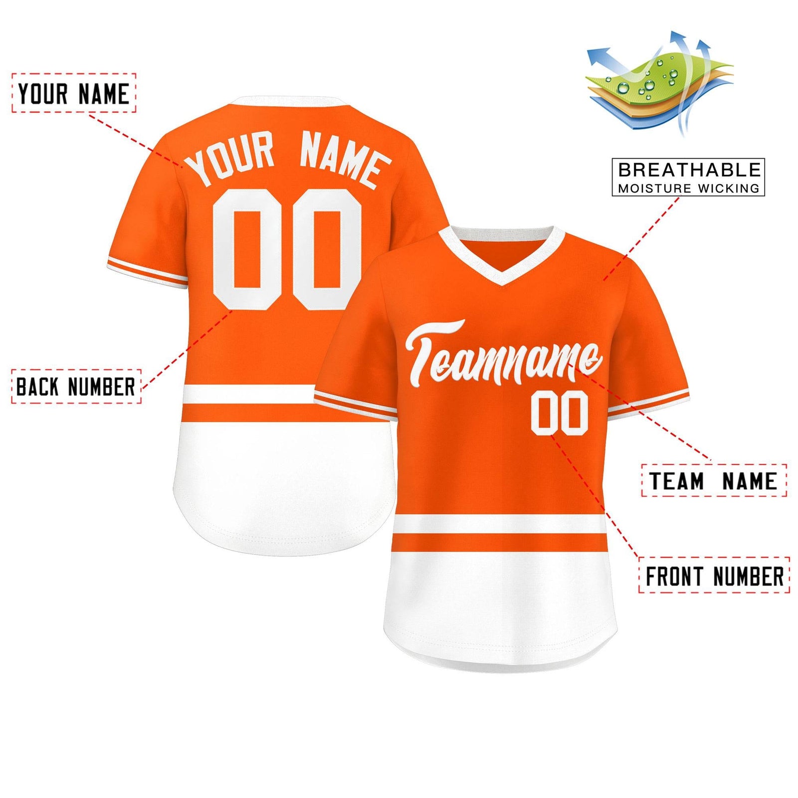 Custom Orange White Color Block Personalized V-Neck Authentic Pullover Baseball Jersey
