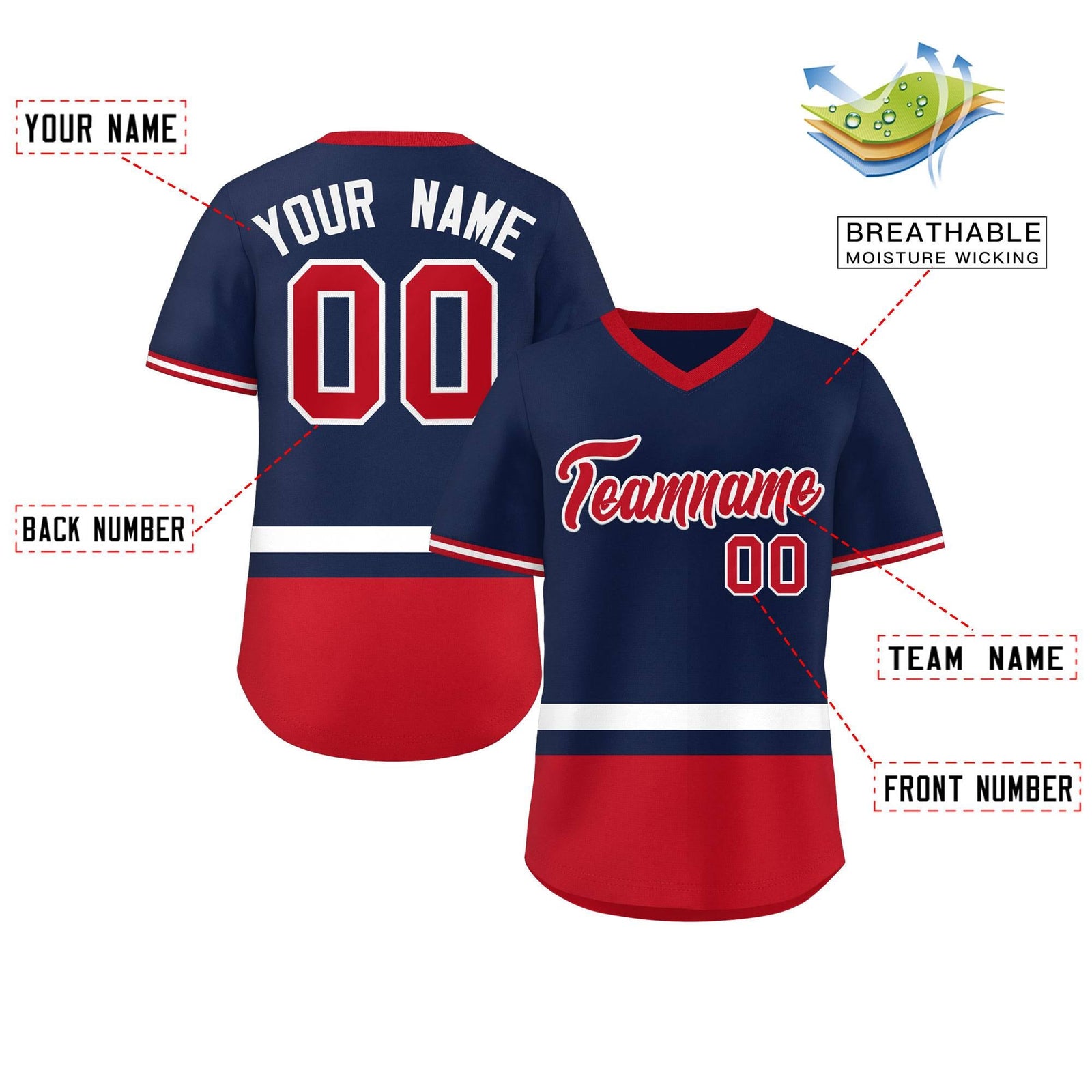 Custom Navy White-Red Color Block Personalized V-Neck Authentic Pullover Baseball Jersey
