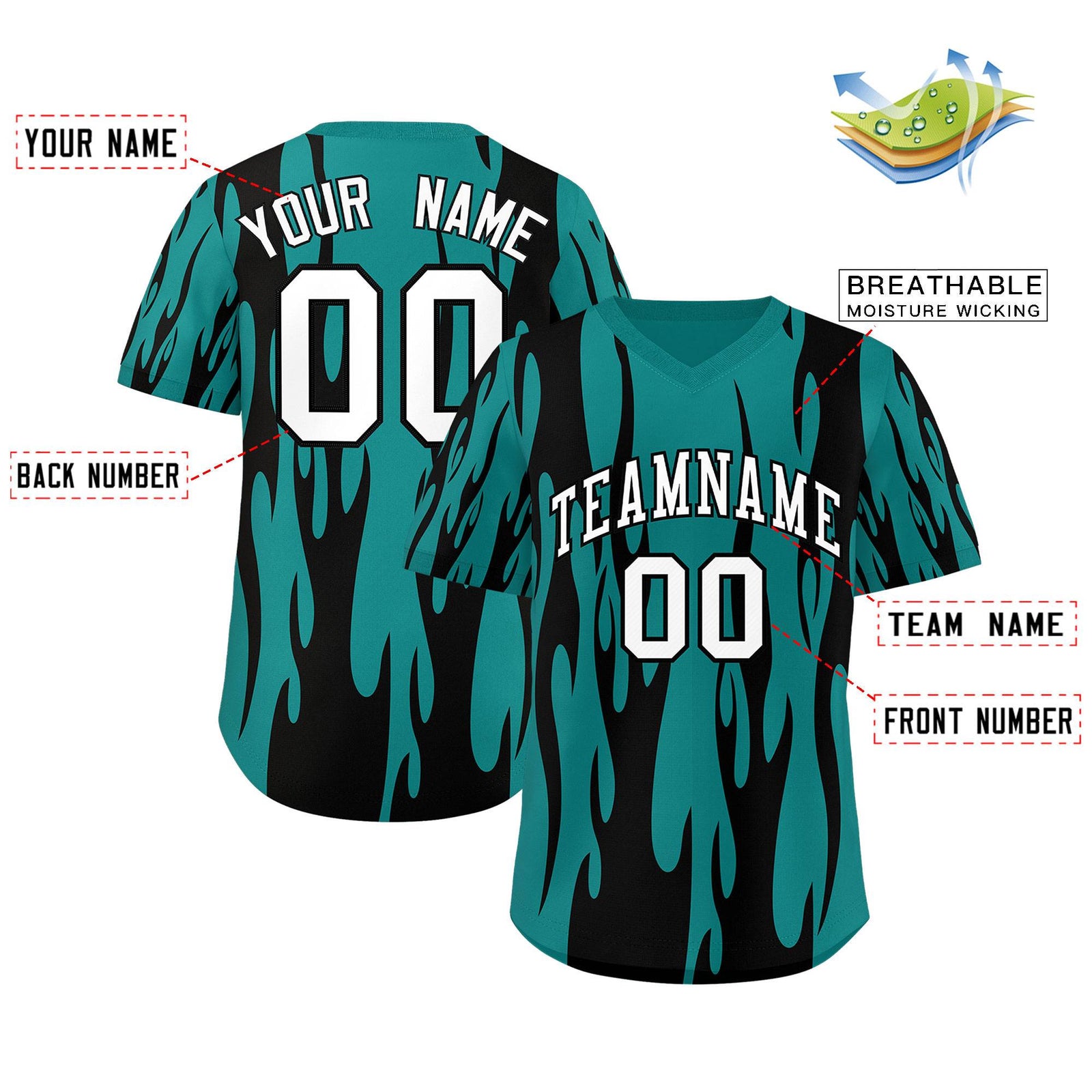 Custom Aqua Black Flame Pattern Authentic Pullover Baseball Jersey