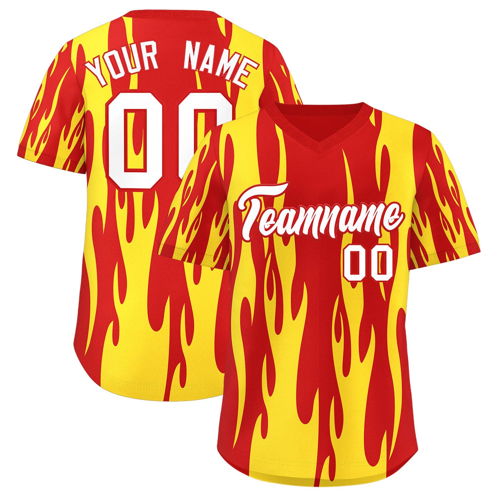 Custom Red Gold Flame Pattern Authentic Pullover Baseball Jersey