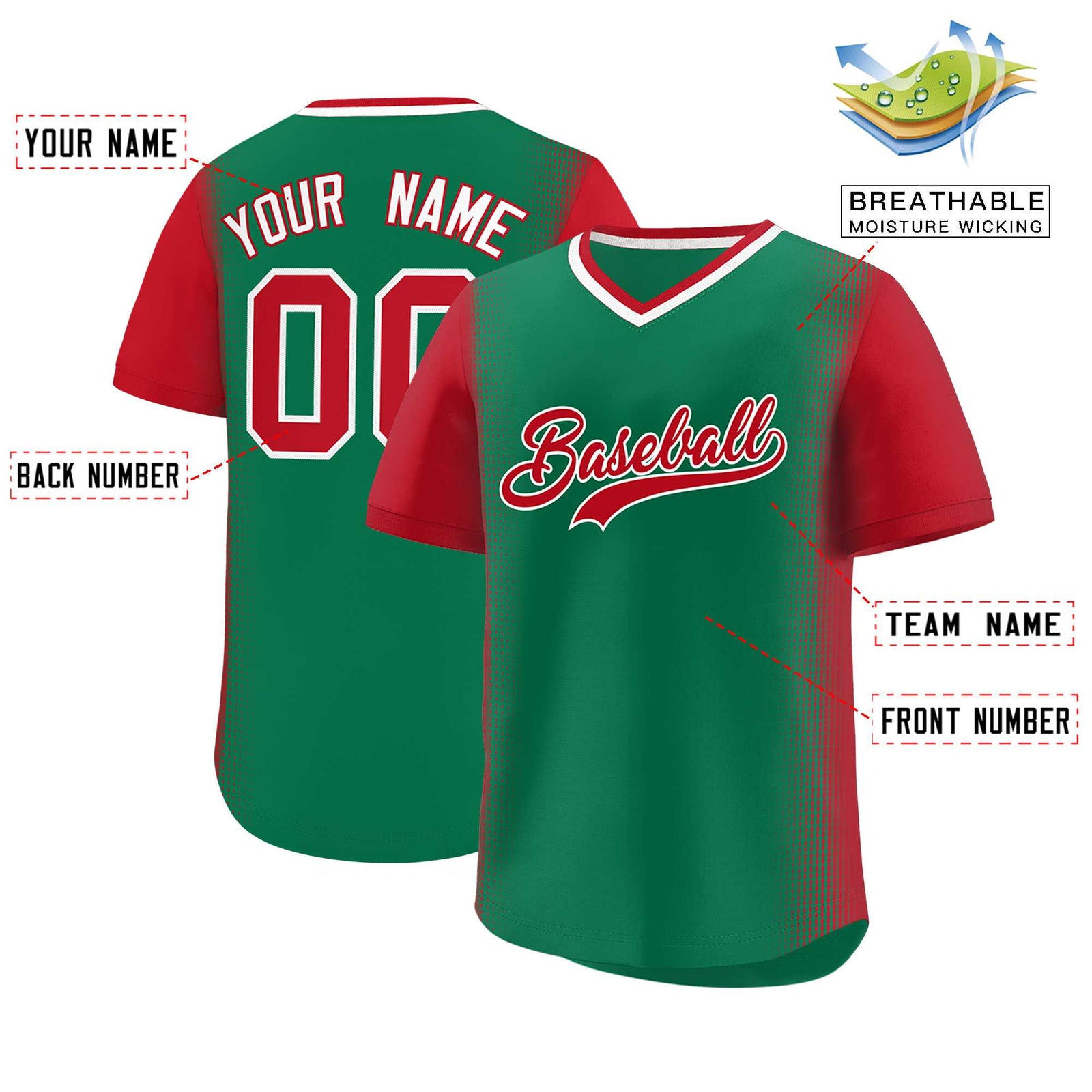 Custom Kelly Green Red Personalized Raglan Sleeves Authentic Baseball Jersey
