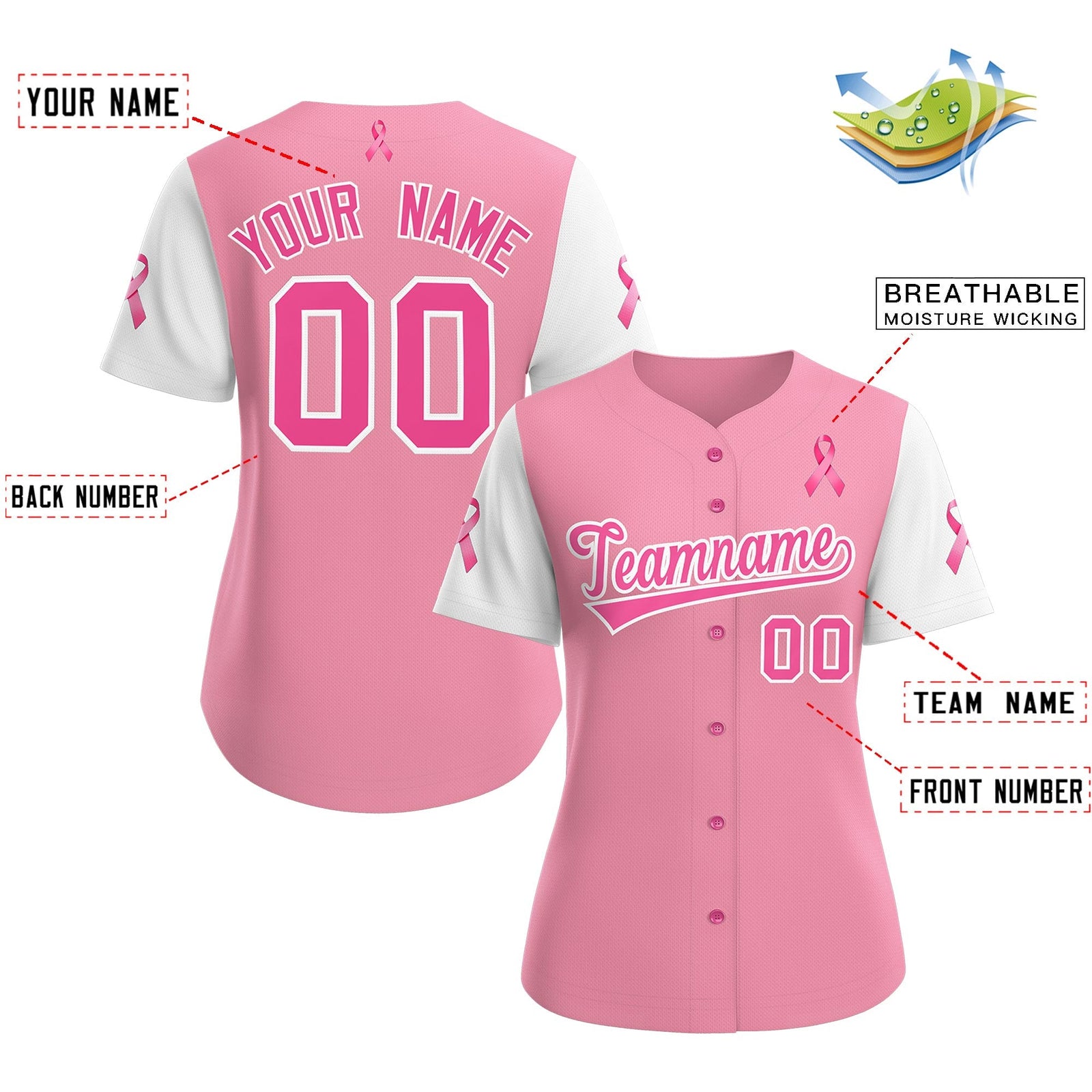 Custom Light Pink White Breast Cancer Awareness Month Pink Ribbon Authentic Baseball Jersey for Women| KXKSHOP
