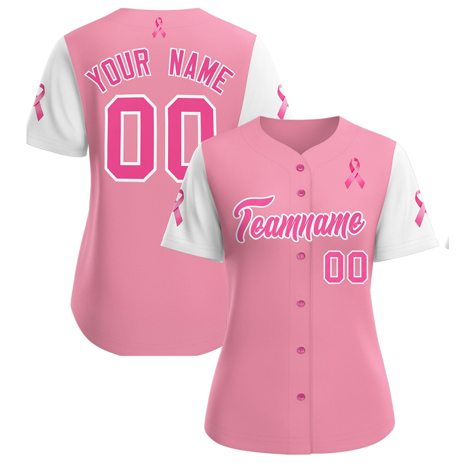 Custom Light Pink White Breast Cancer Awareness Month Pink Ribbon Authentic Baseball Jersey for Women