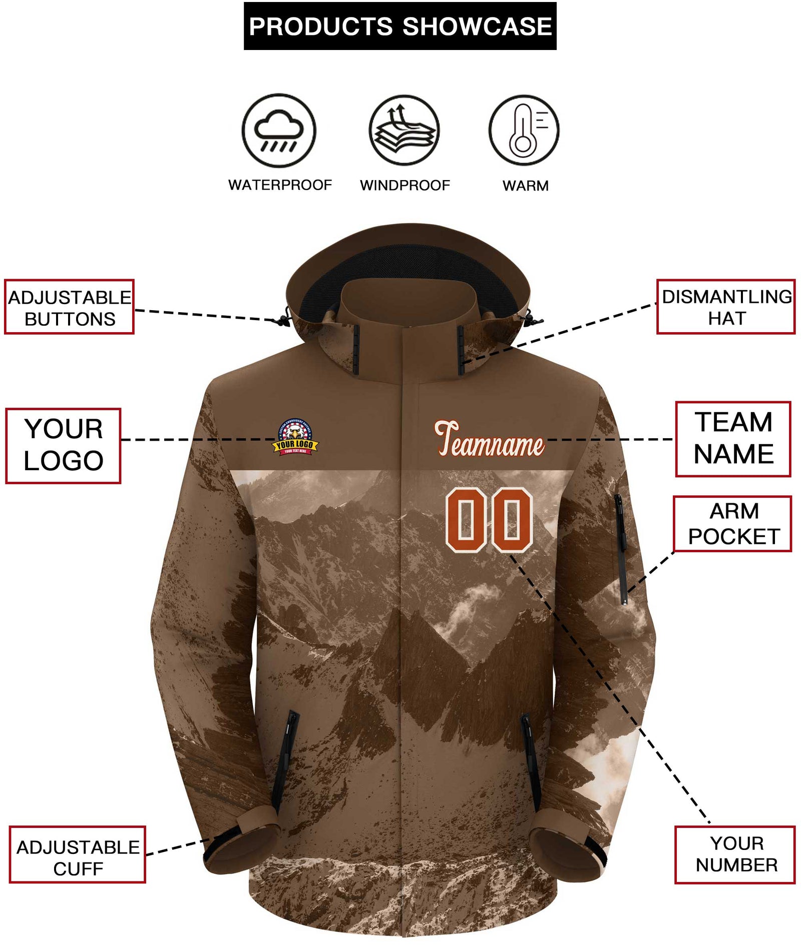 Custom Lt Brown Texas Orange Snow Mountain Graffiti Pattern Personalized Outdoor Hooded Waterproof Jacket