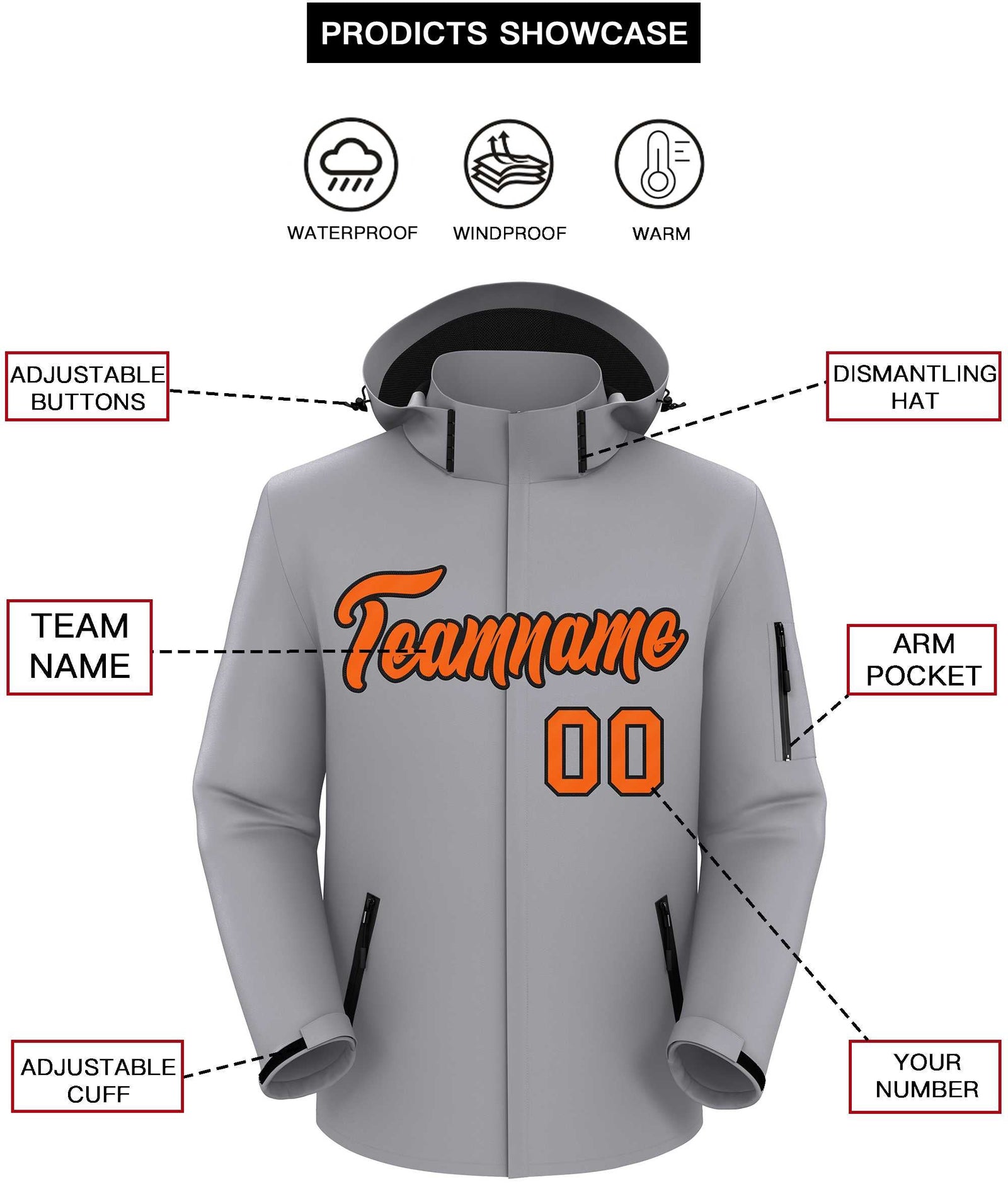 Custom Gray Orange-Black Classic Style Waterproof Jacket