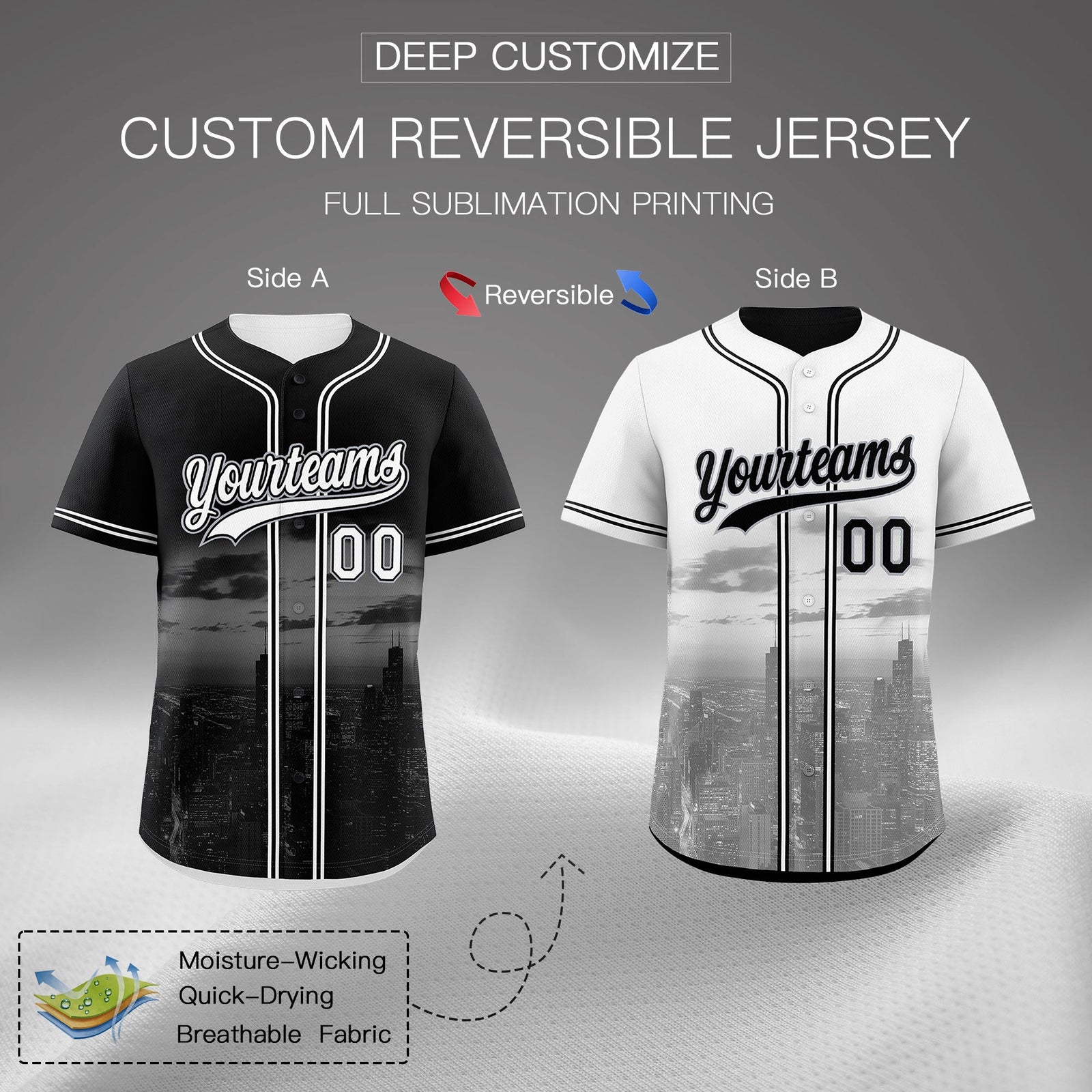 Custom Black White Reversible City Edition Graffiti Pattern Stretch Fabric Baseball Jersey| KXKSHOP