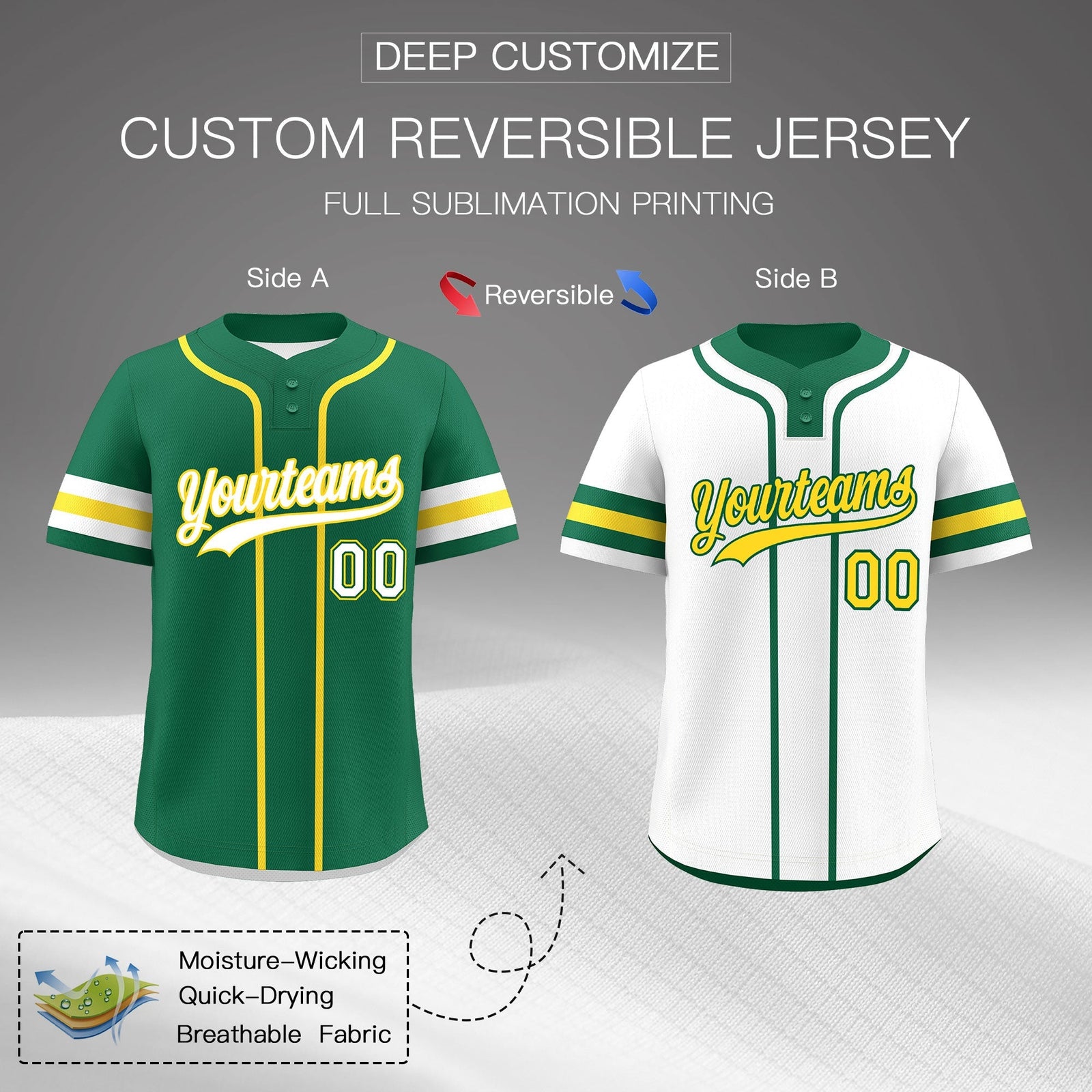 Custom White Gold Kelly Green Reversible Classic Style Two-Button Baseball Jersey| KXKSHOP