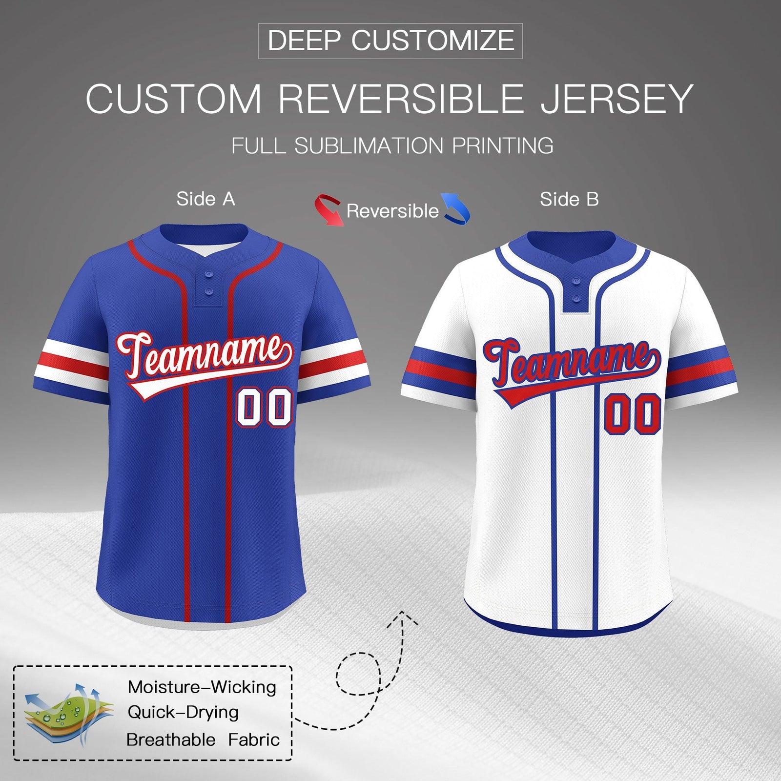 Custom White Red Royal Blue Reversible Classic Style Two-Button Baseball Jersey| KXKSHOP